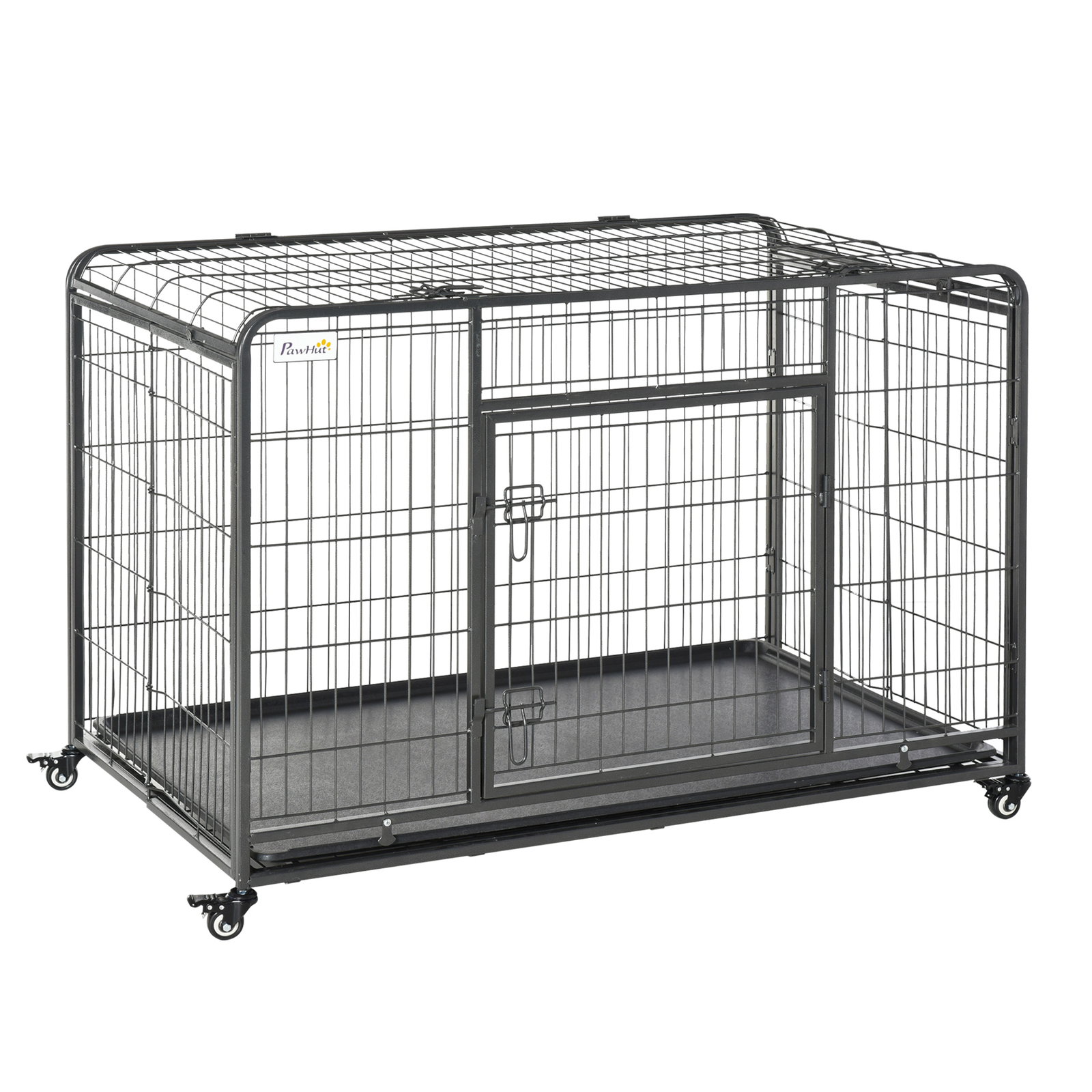 Gaiola dobrável de metal com rodas e freios bandeja removível e porta com travas125x76x81 cm cinza escuro