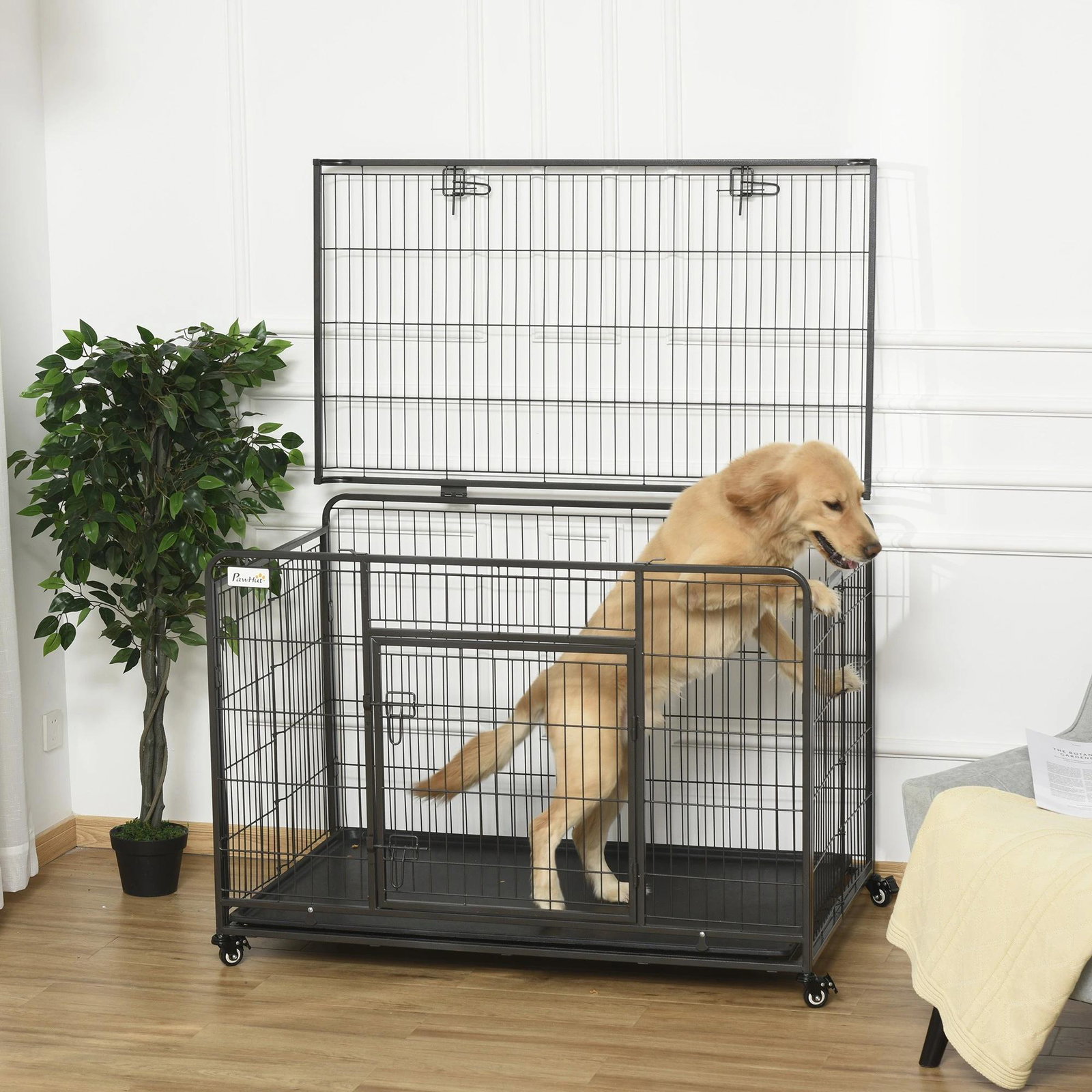 Gaiola dobrável de metal com rodas e freios bandeja removível e porta com travas125x76x81 cm cinza escuro