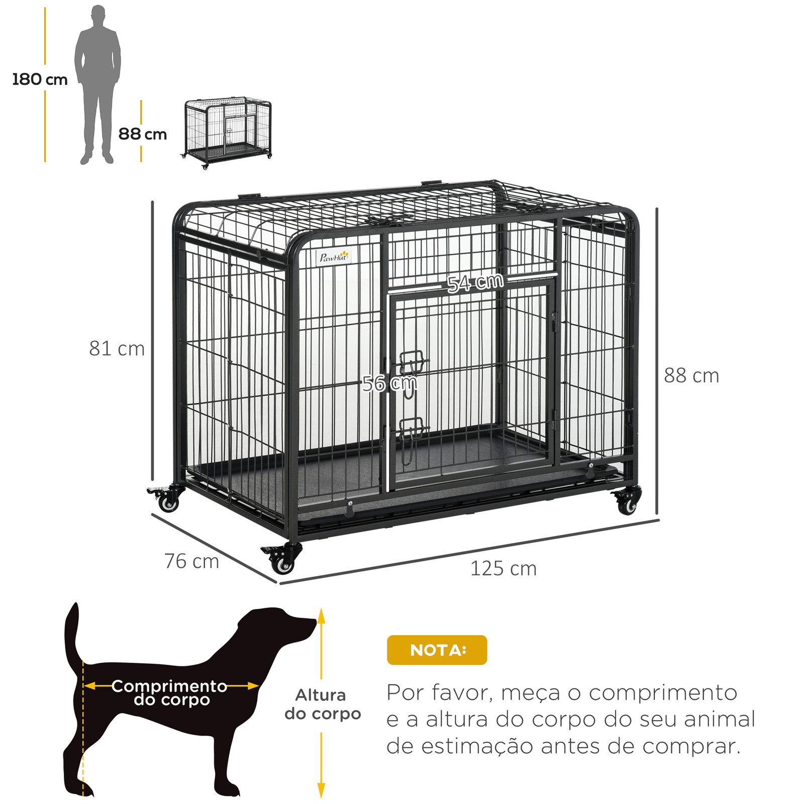 Gaiola dobrável de metal com rodas e freios bandeja removível e porta com travas125x76x81 cm cinza escuro