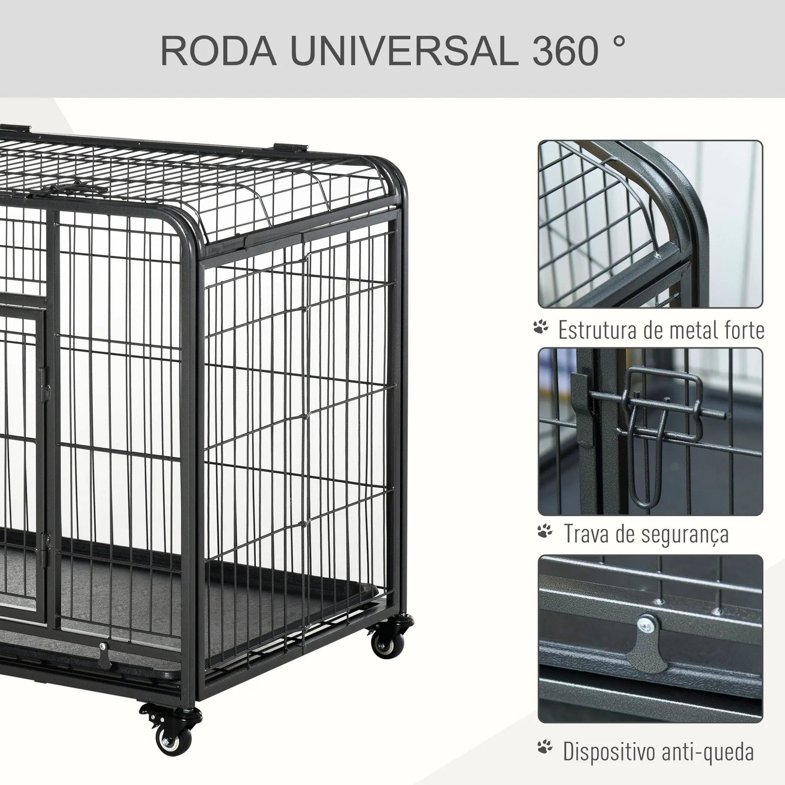 Gaiola dobrável de metal com rodas e freios bandeja removível e porta com travas125x76x81 cm cinza escuro