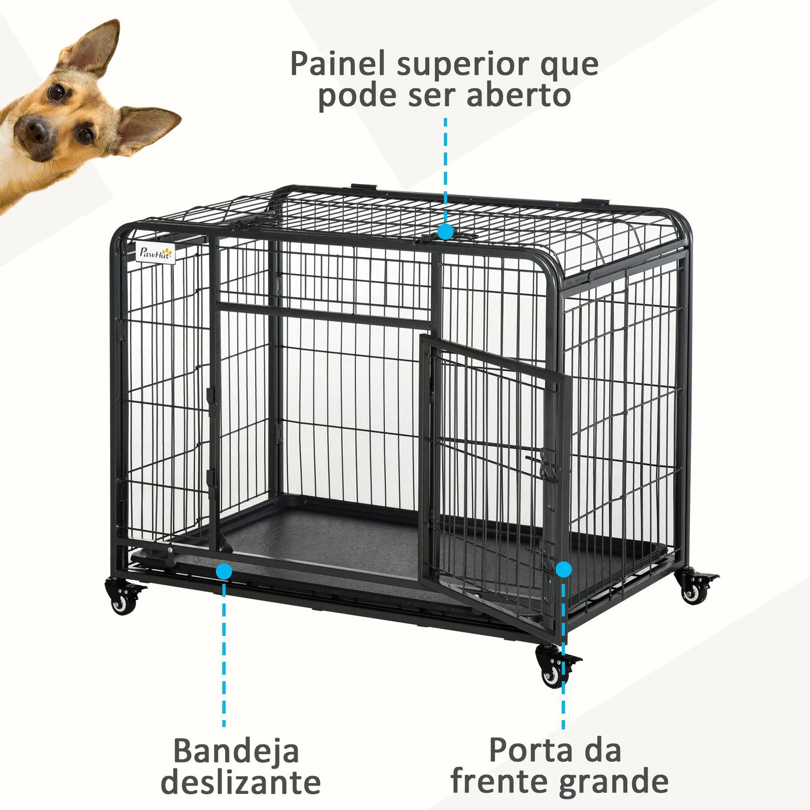Gaiola dobrável de metal com rodas e freios bandeja removível e porta com travas125x76x81 cm cinza escuro