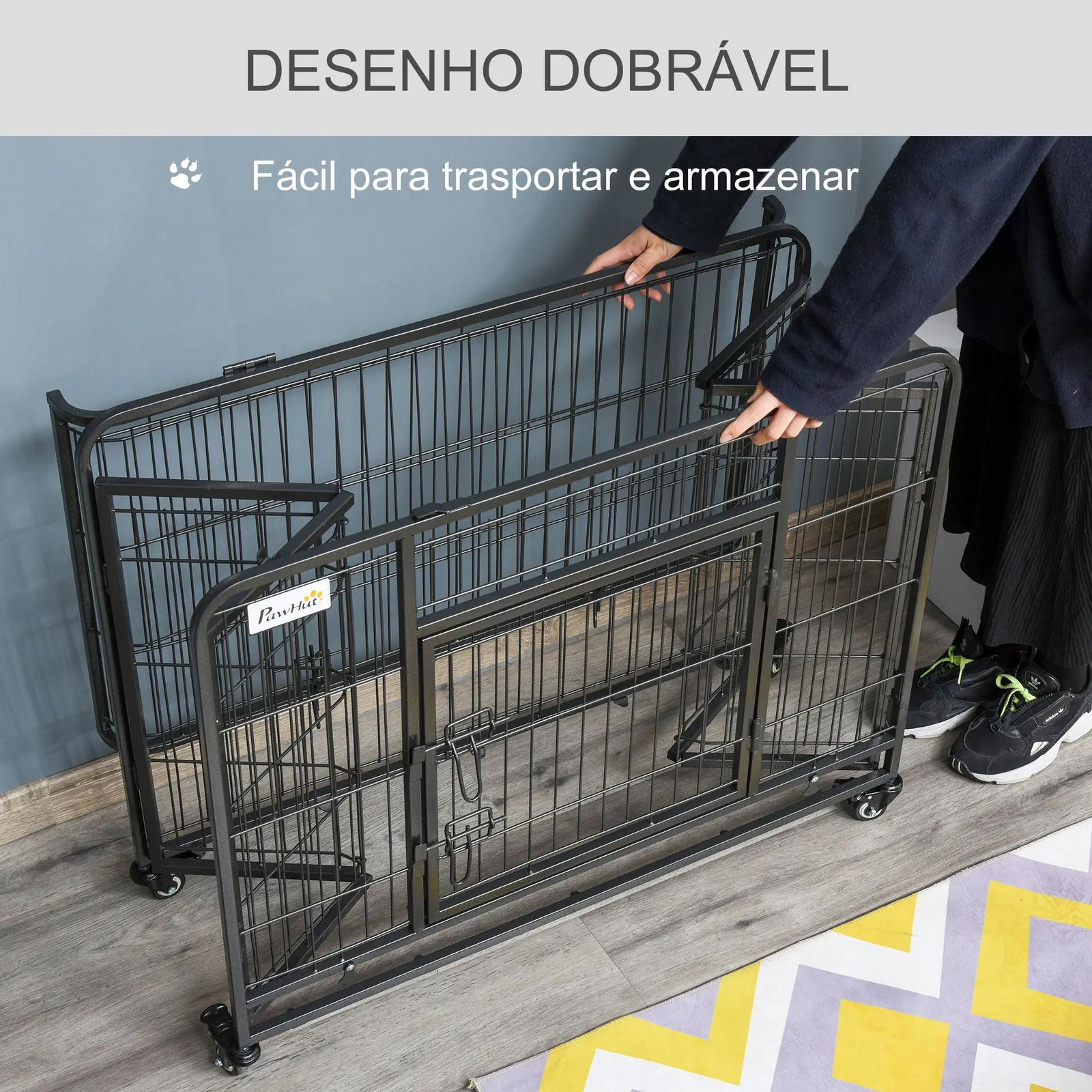 Gaiola dobrável de metal com rodas e freios bandeja removível e porta com travas125x76x81 cm cinza escuro