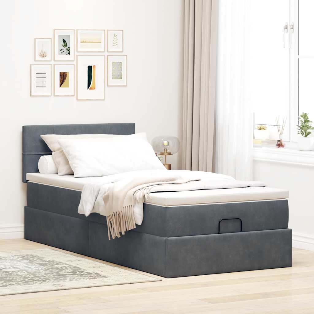 Moldura de cama otomana com colchão cinza escuro veludo