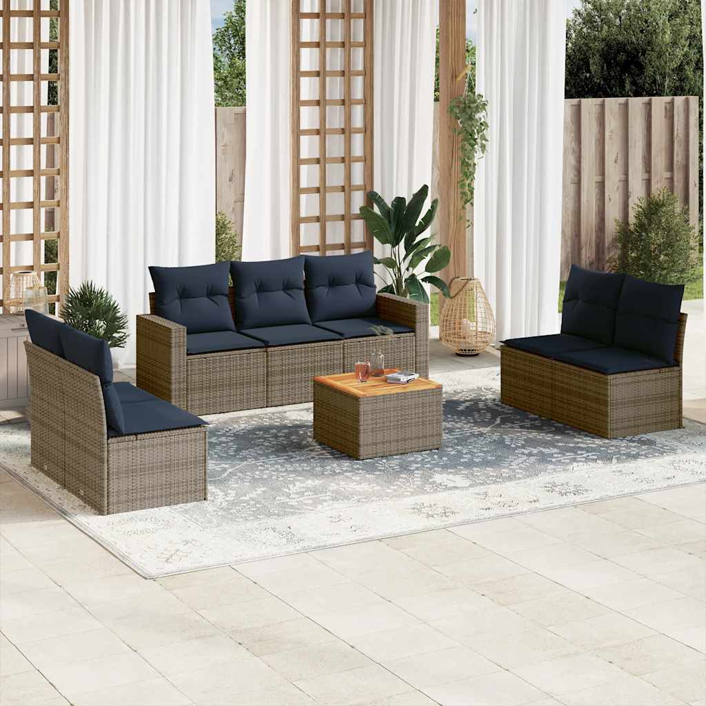 8 Pcs conjunto sofás p/ jardim c/ almofadões vime PE cinzento