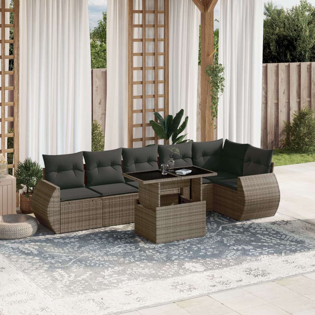 7 Pcs conjunto sofás p/ jardim c/ almofadões vime PE cinzento