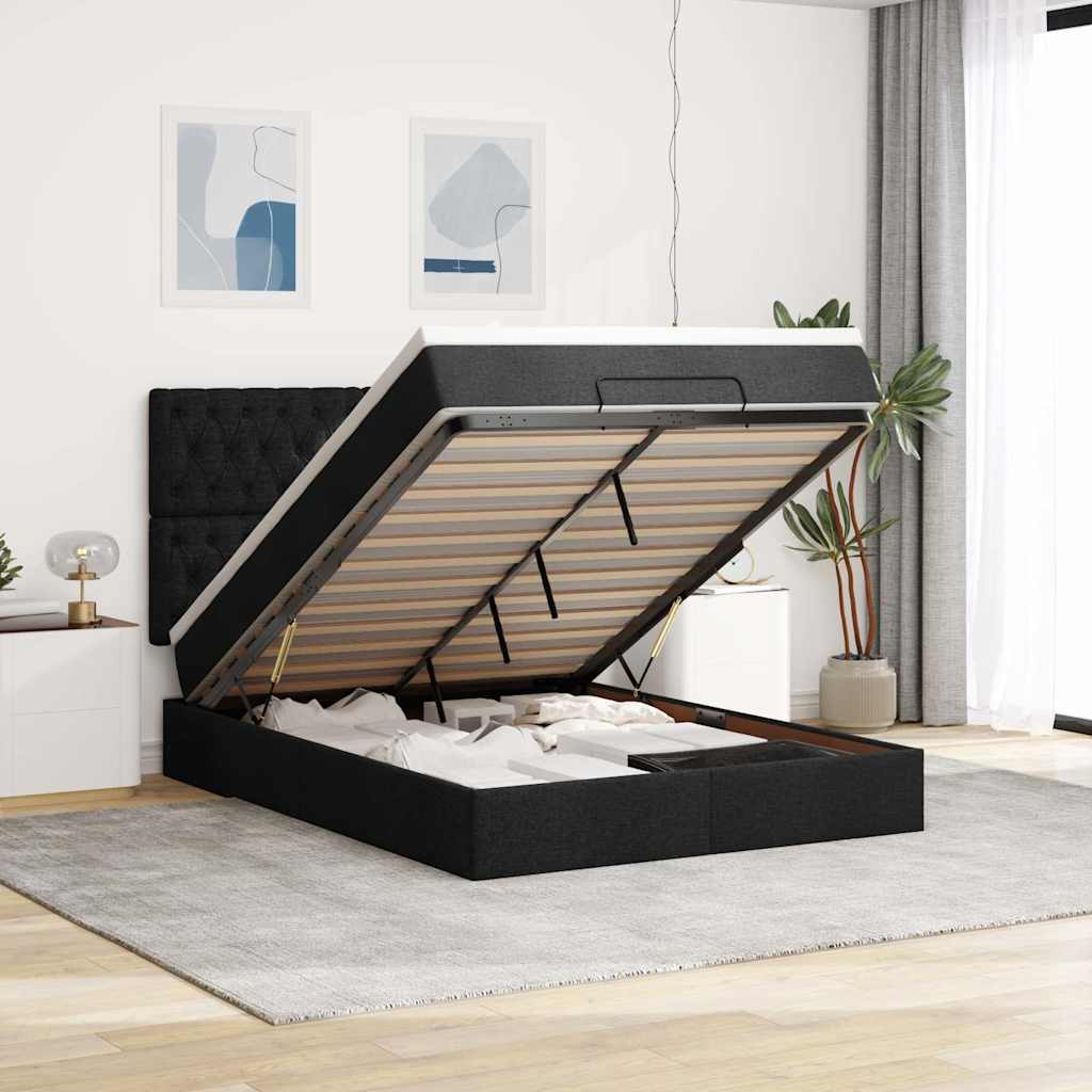 Estrutura de cama otomana com colchão 140x200 cm tecido preto
