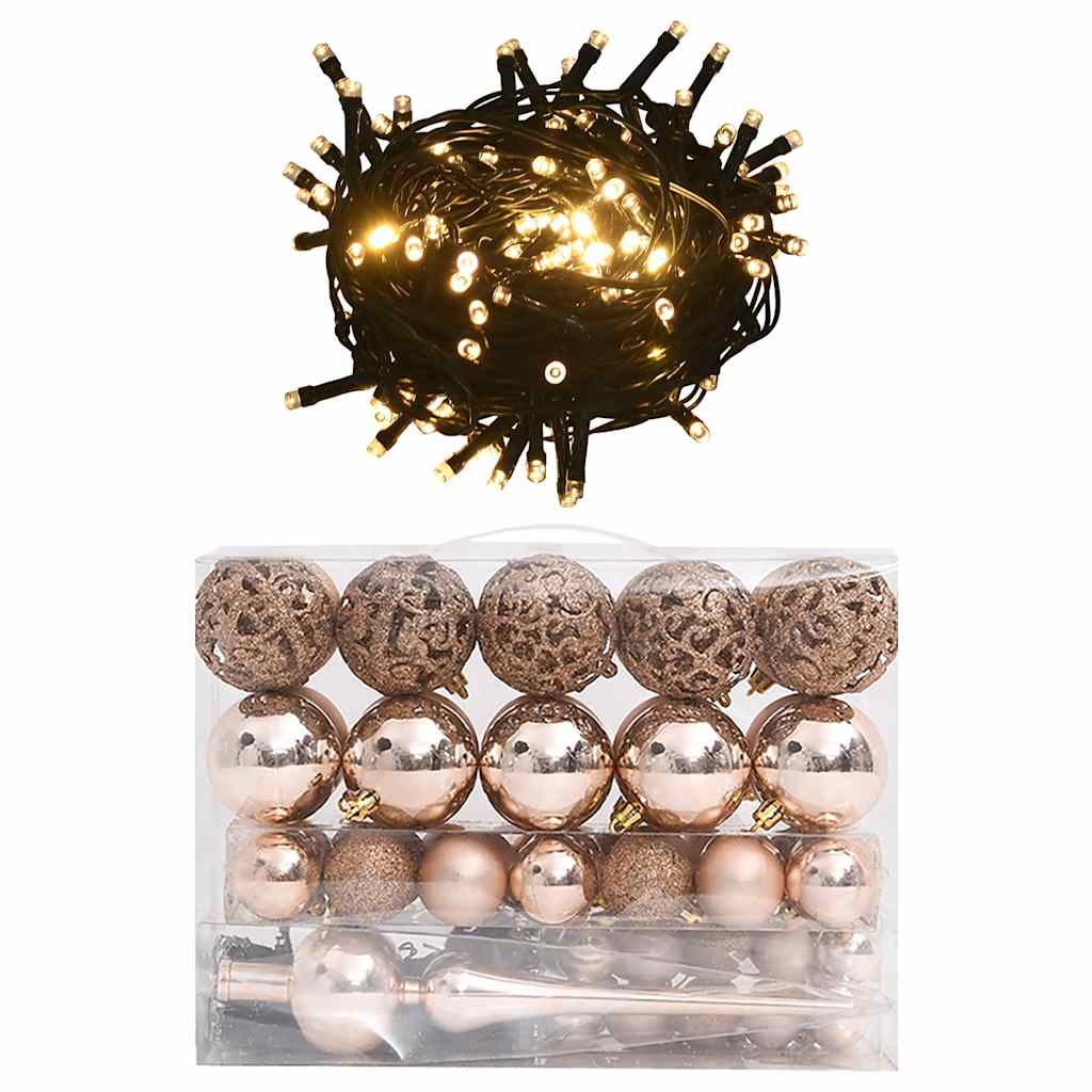 Conj. de bolas de natal 60 pcs c/ pico e 150 leds rosa dourado
