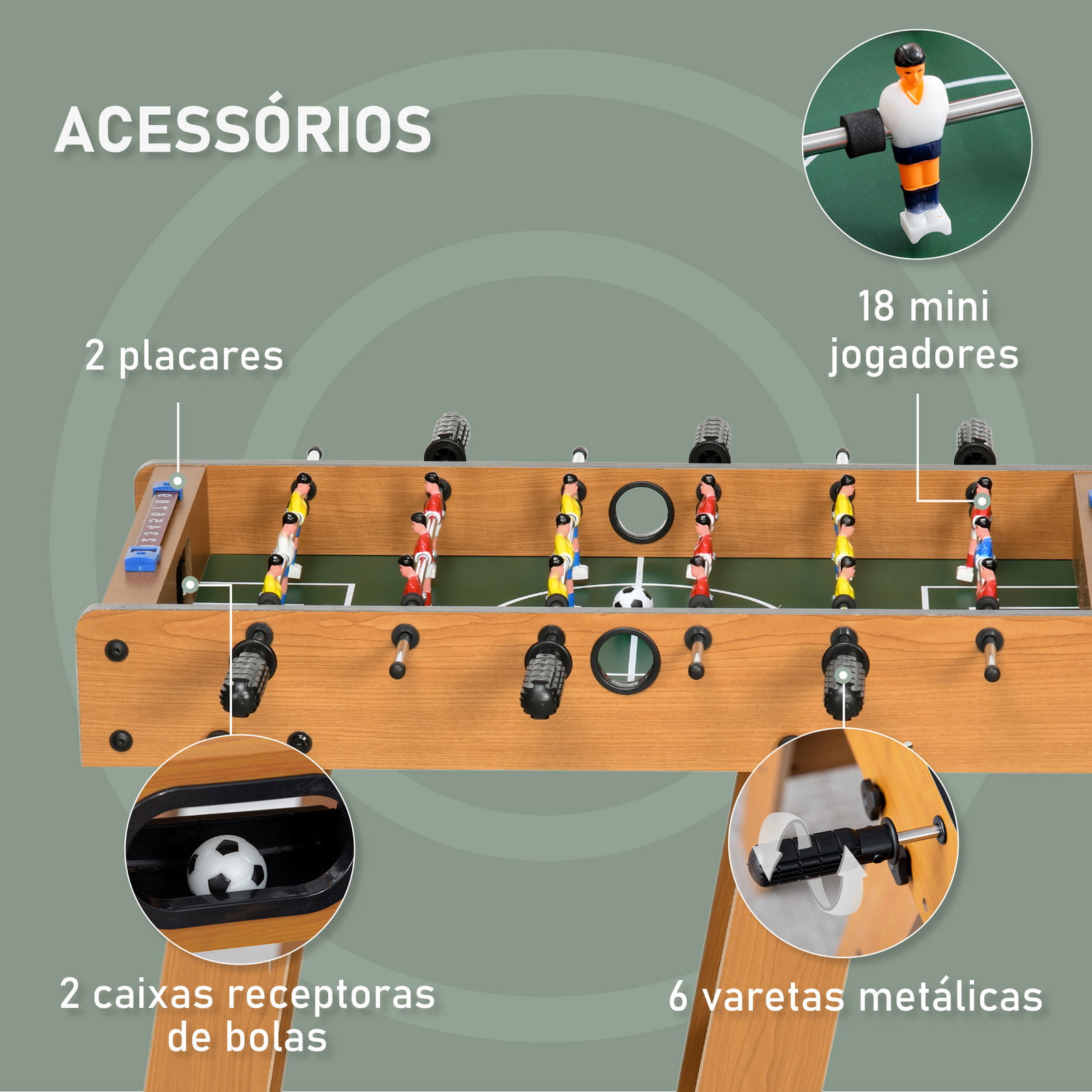 Mesa de Matraquilho para Crianças e Adultos Matraquilho 69x37x70cm com 2 Bolas 6 Hastes Metálicas 2 Placares de Pontos 18 Jogado