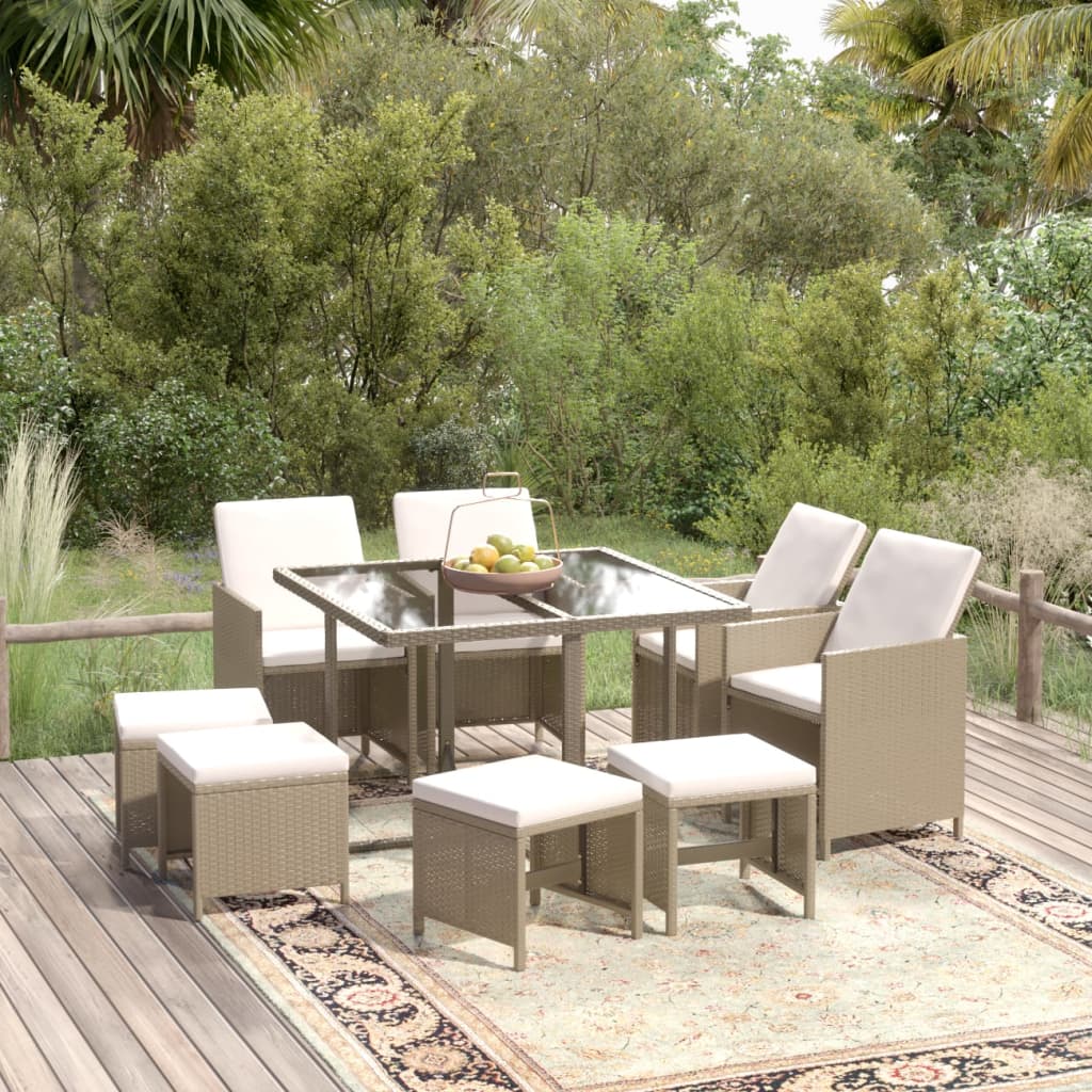 9 Pcs conjunto de jantar p/ jardim com almofadões vime PE bege