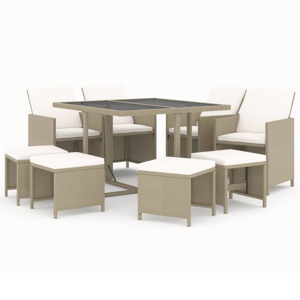 9 Pcs conjunto de jantar p/ jardim com almofadões vime PE bege
