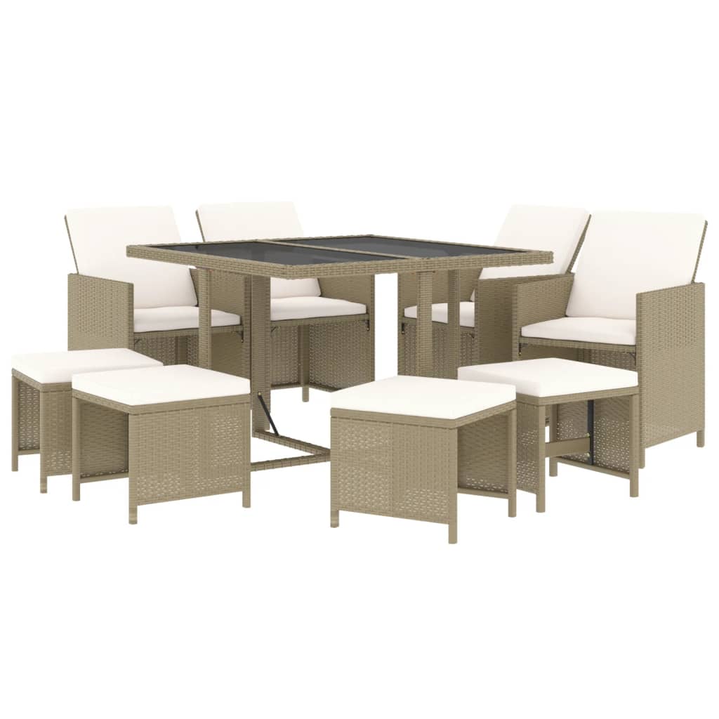 9 Pcs conjunto de jantar p/ jardim com almofadões vime PE bege