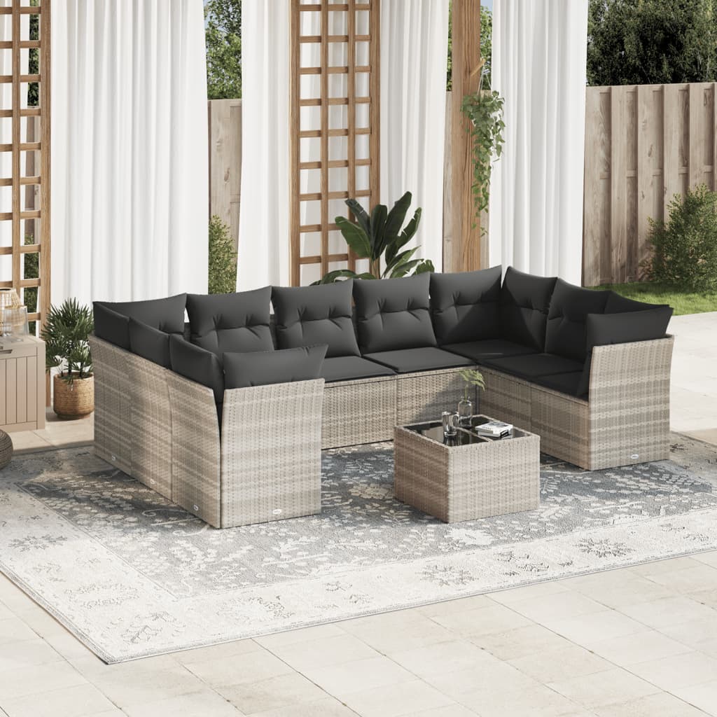 10 Pcs conj. sofás jardim com almofadões vime PE cinzento-claro