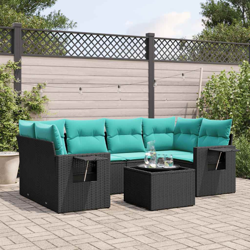Conjunto de sofá de jardim com 7 peças e almofadas em rattan sintético preto