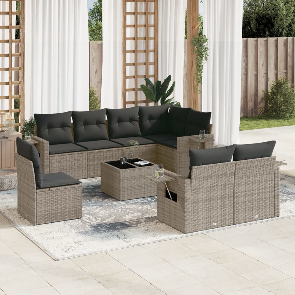 9 Pcs conjunto sofás p/ jardim com almofadões vime PE cinzento