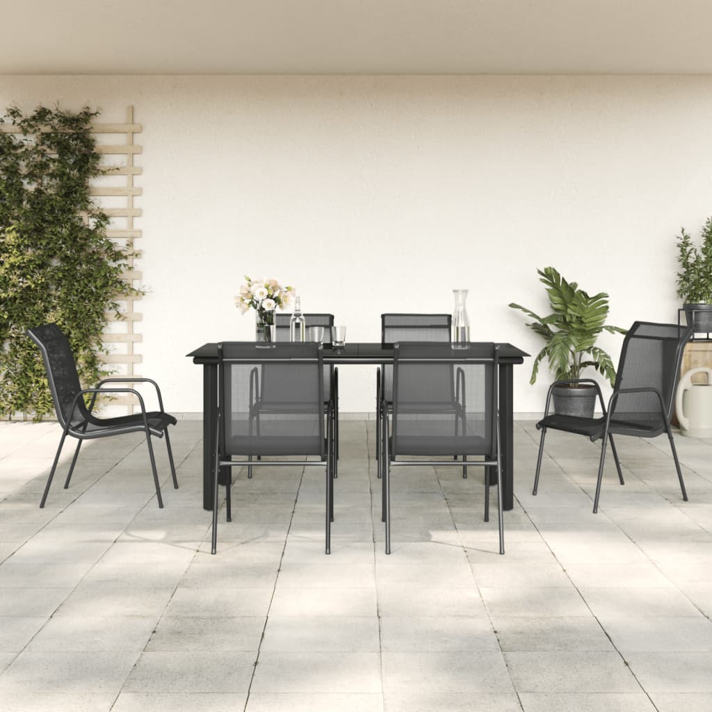 7 Pcs conjunto de jantar para jardim aço e textilene preto