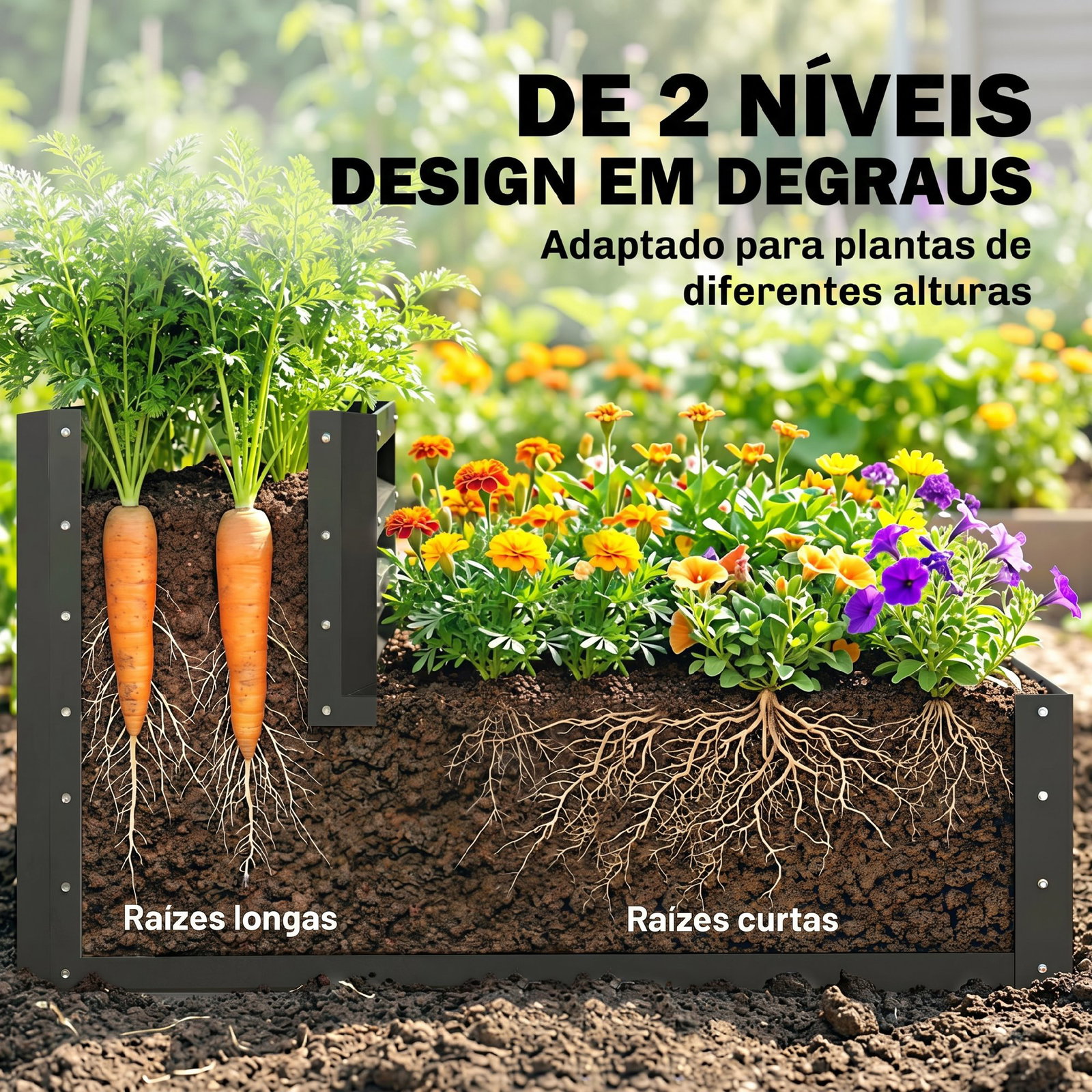 Caixa de plantio de 2 níveis floreira exterior de aço com desenho de escada para cultivos 120x101x58 cm cinza escuro