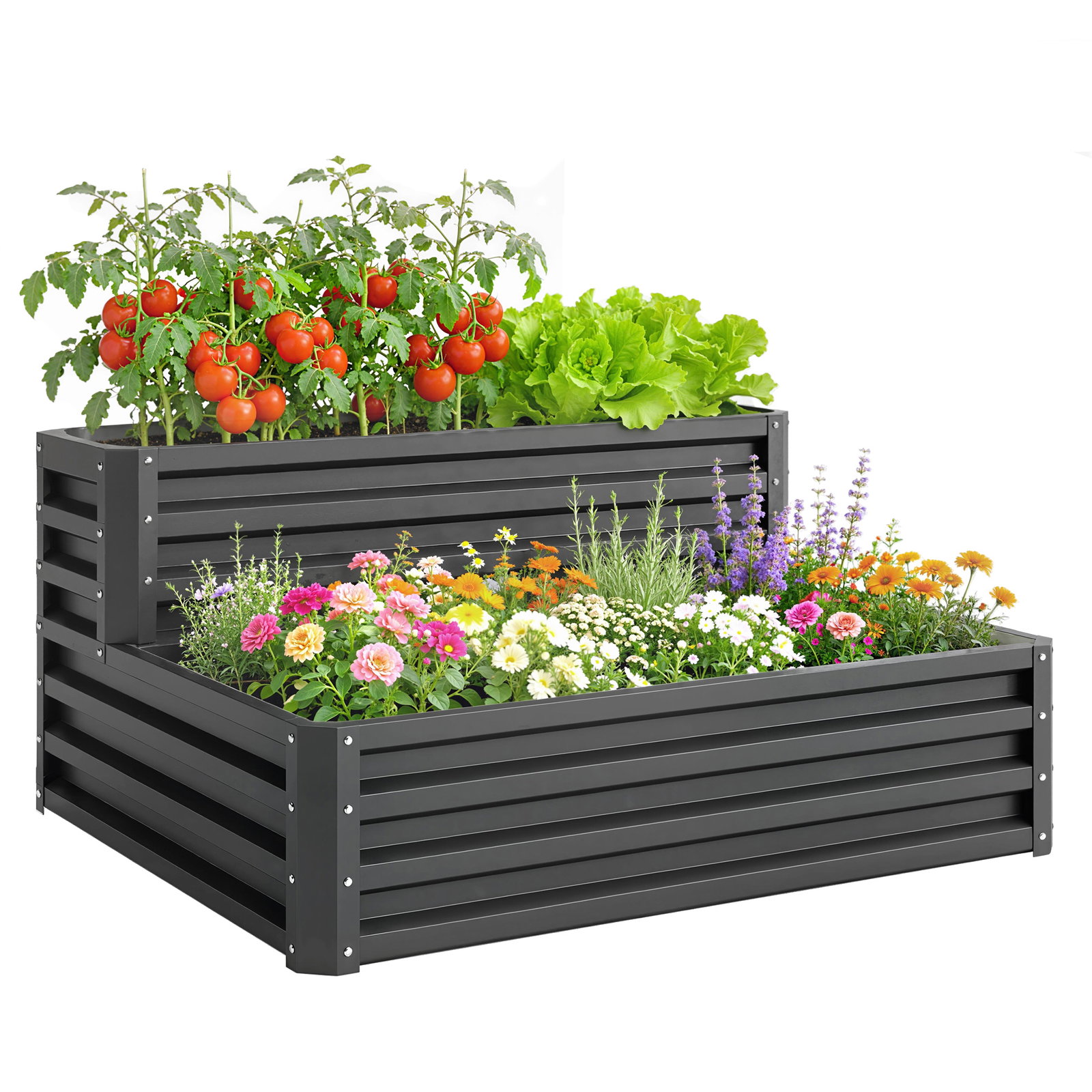 Caixa de plantio de 2 níveis floreira exterior de aço com desenho de escada para cultivos 120x101x58 cm cinza escuro