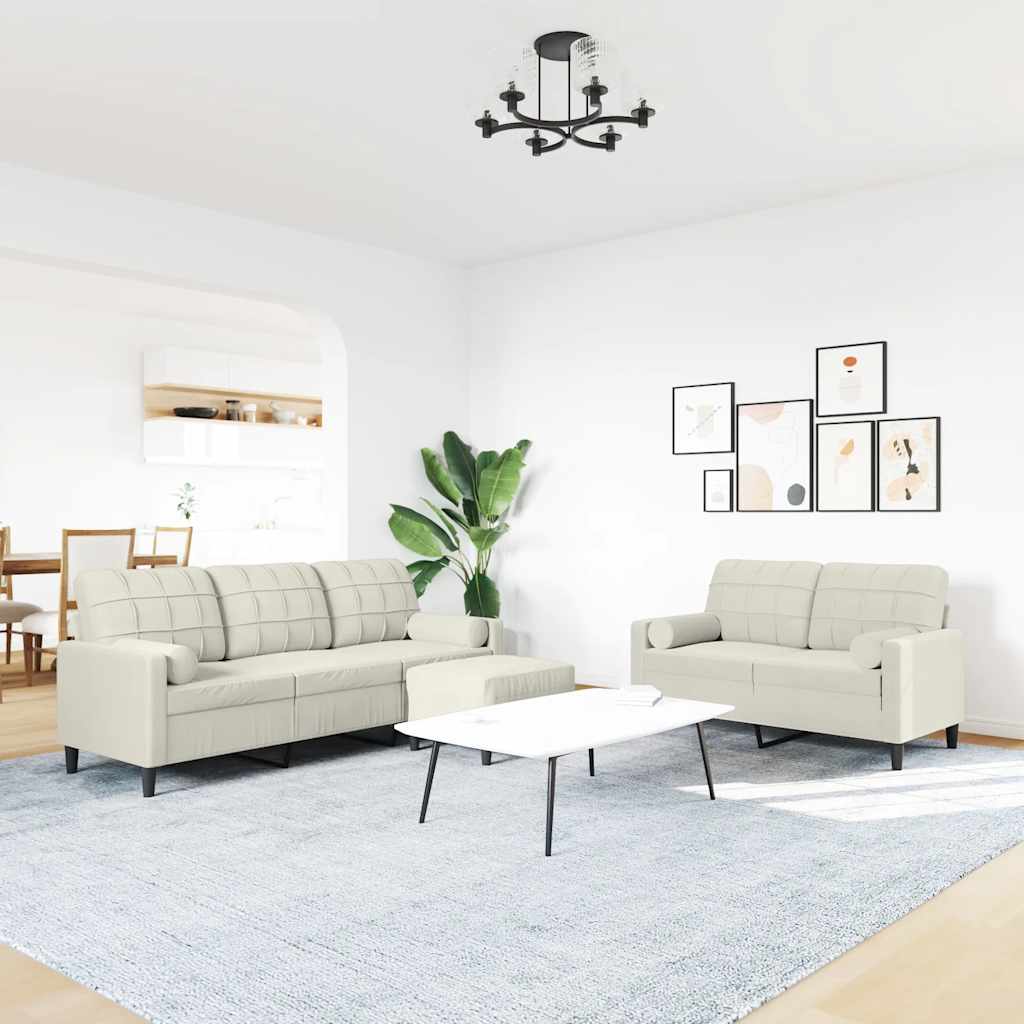 3 Pcs conjunto de sofás com almofadões e rolos veludo creme
