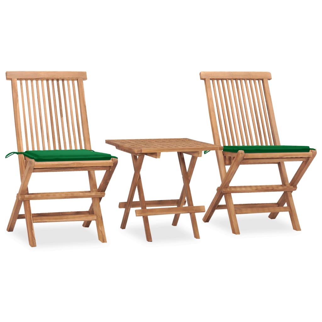 3 Pcs conj. jantar dobrável exterior c/ almofadão teca maciça