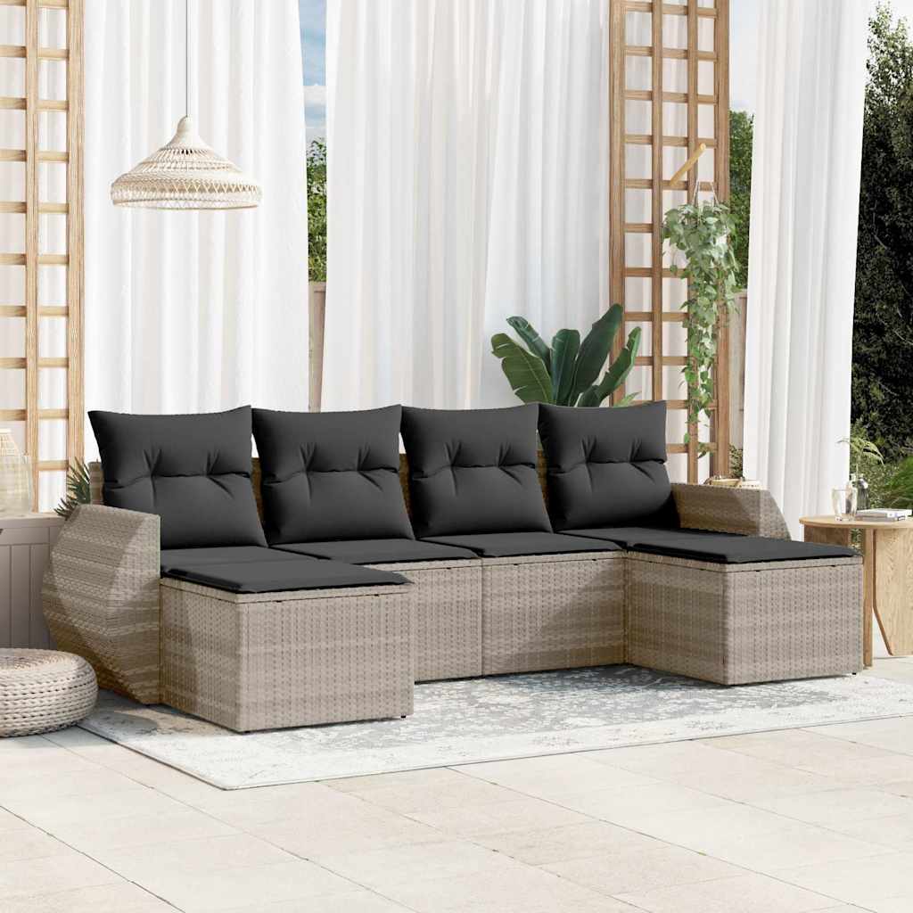 6 Pcs conj. sofás jardim com almofadões vime PE cinzento-claro