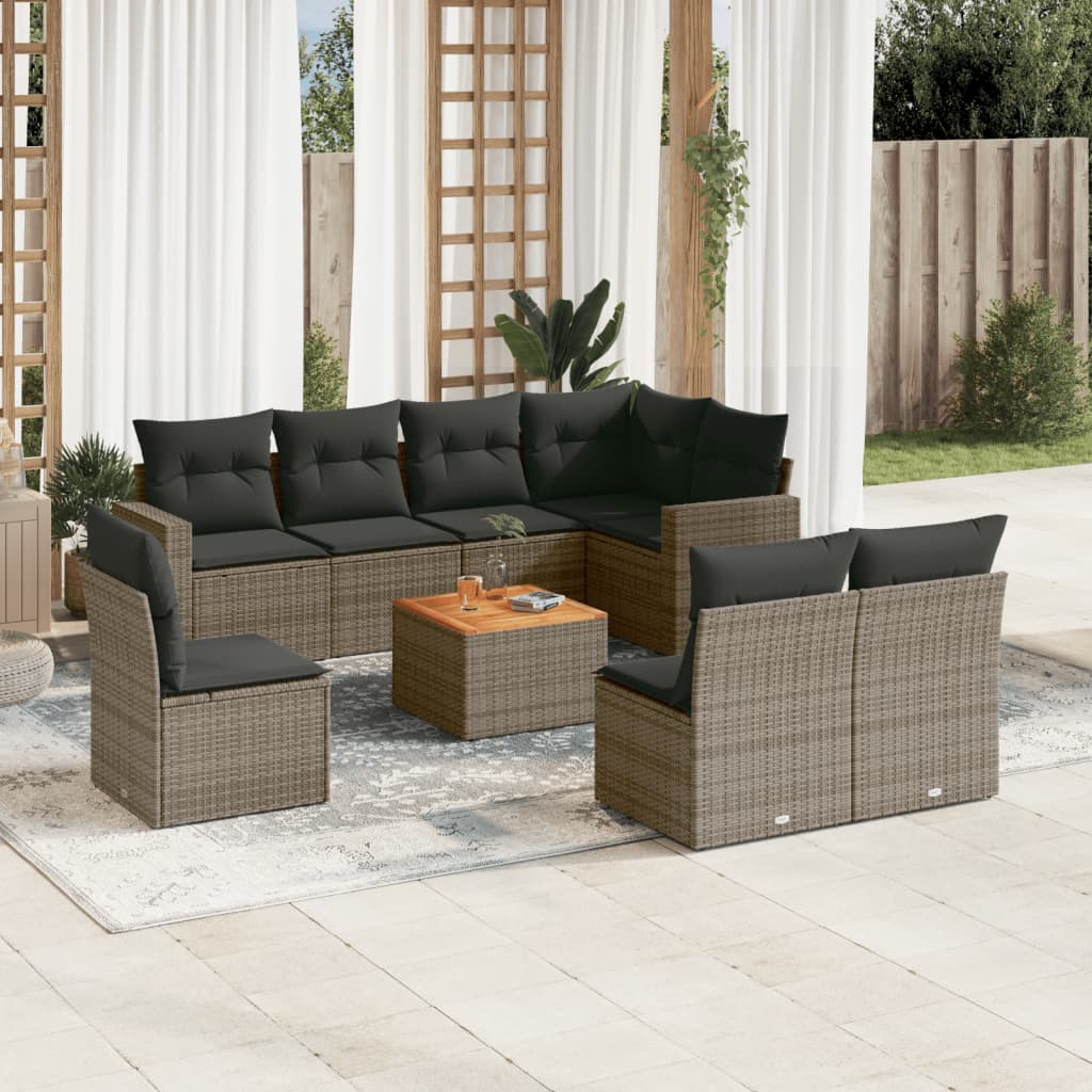 9 Pcs conjunto sofás p/ jardim com almofadões vime PE cinzento
