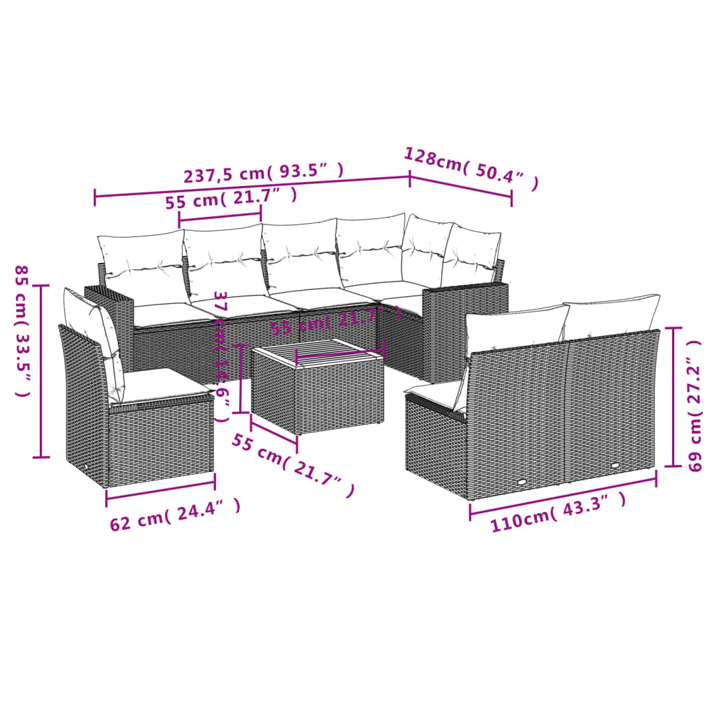 9 Pcs conjunto sofás p/ jardim com almofadões vime PE cinzento