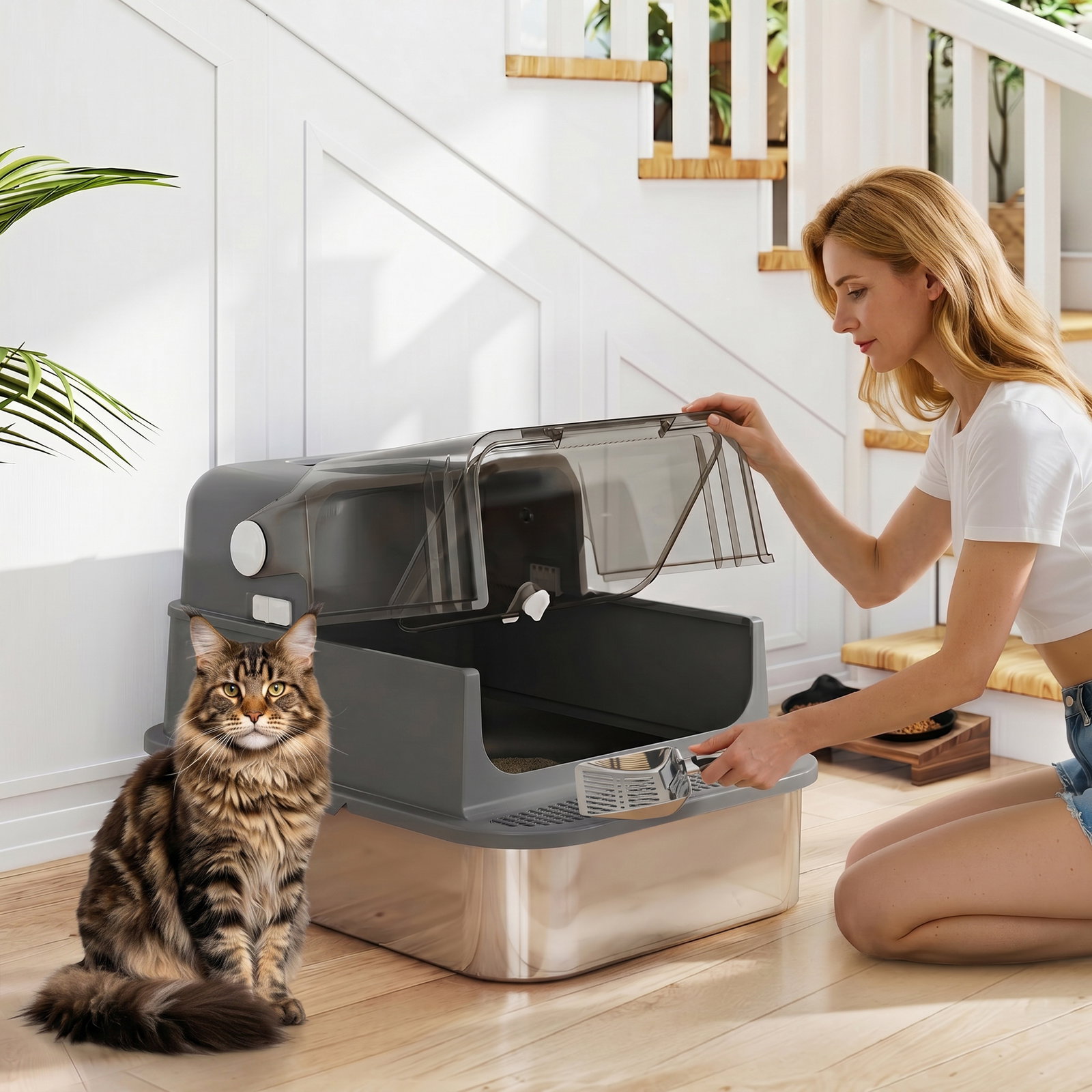 Caixa de areia para gatos xxl em aço inoxidável com tampa basculante, laterais altas, entrada superior, pá, preto