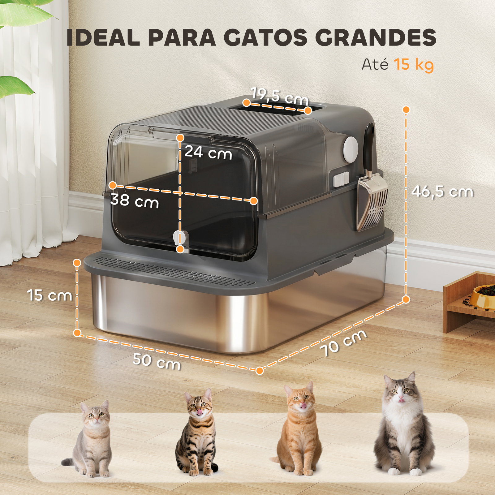 Caixa de areia para gatos xxl em aço inoxidável com tampa basculante, laterais altas, entrada superior, pá, preto