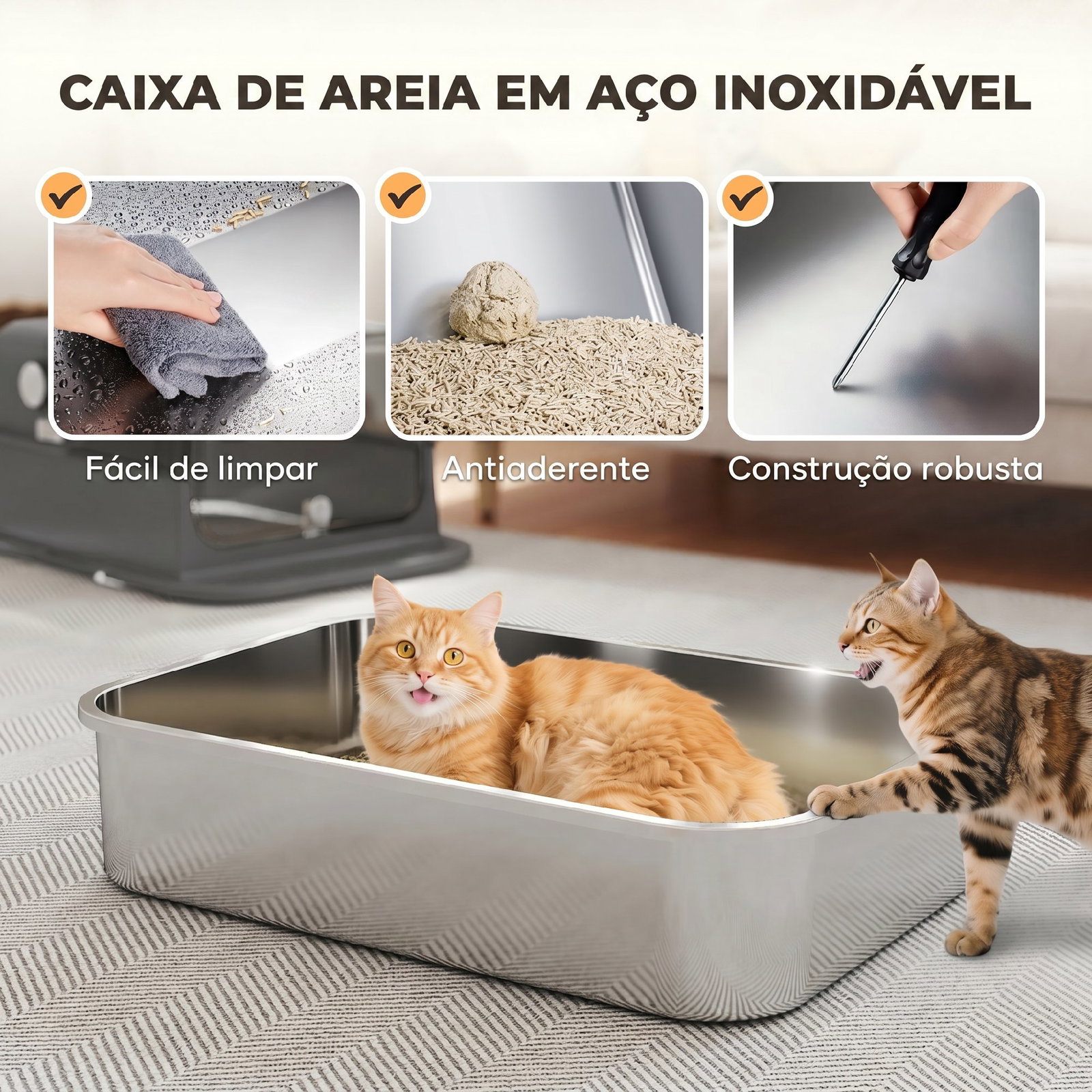 Caixa de areia para gatos xxl em aço inoxidável com tampa basculante, laterais altas, entrada superior, pá, preto
