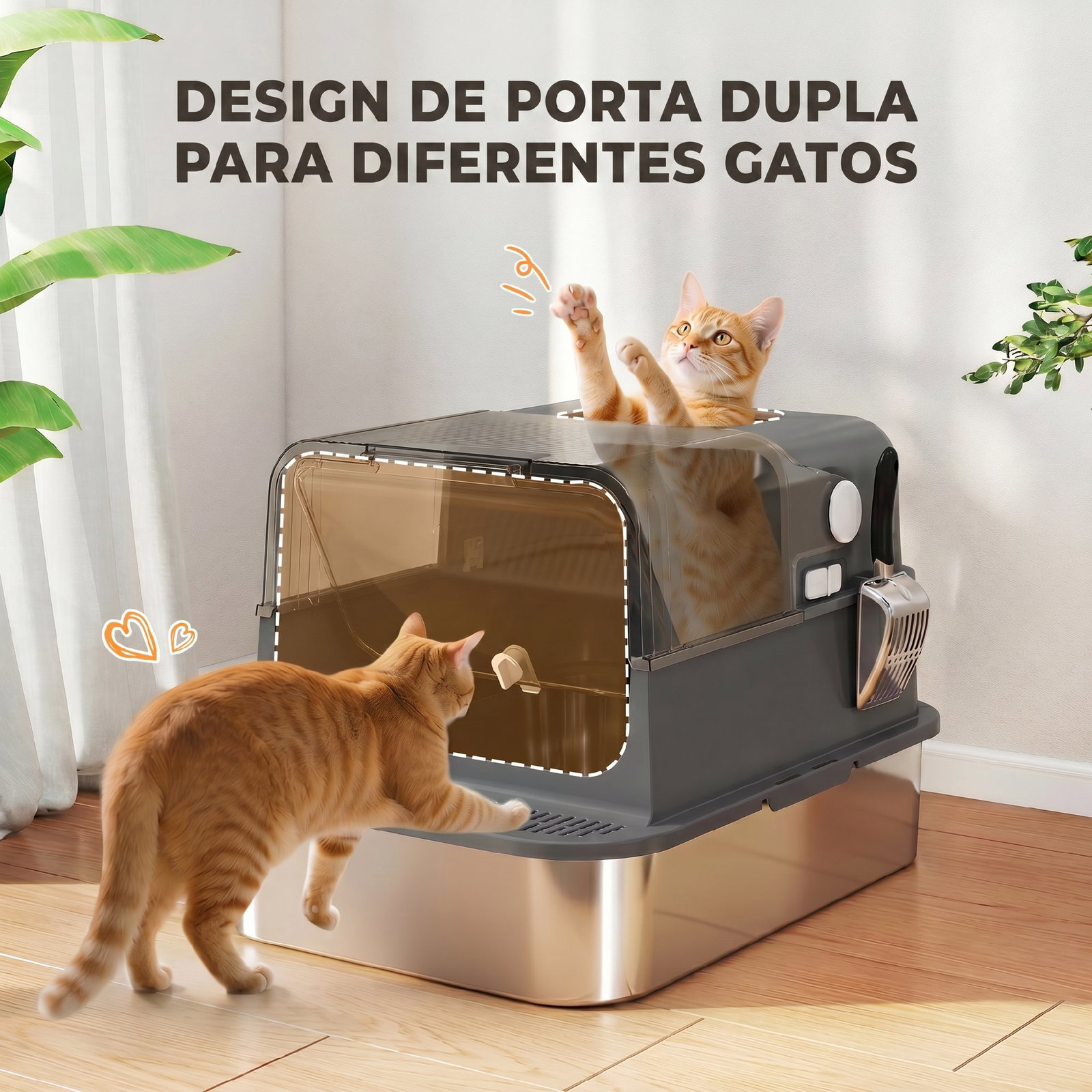 Caixa de areia para gatos xxl em aço inoxidável com tampa basculante, laterais altas, entrada superior, pá, preto