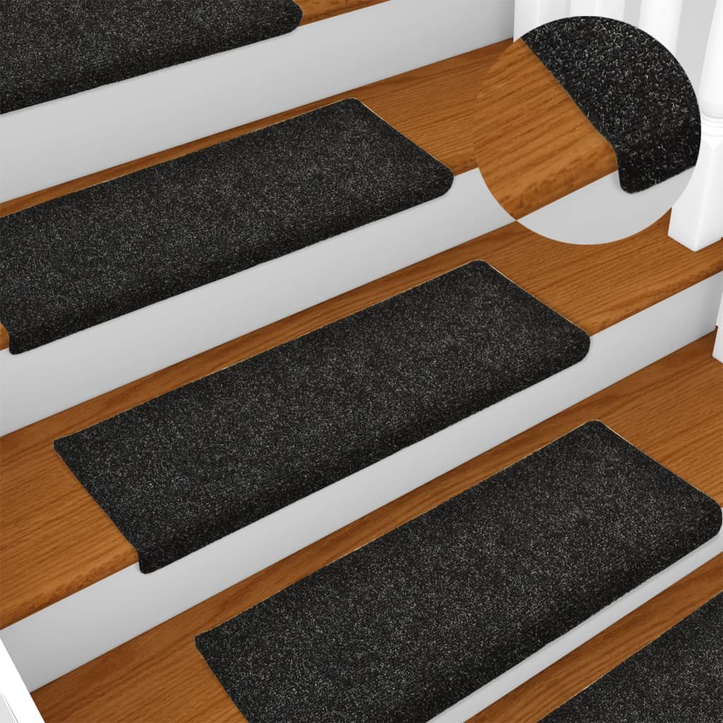 Tapetes de escada autoadesivos 15 peças 65x21x4 cm pretos com borda retangular
