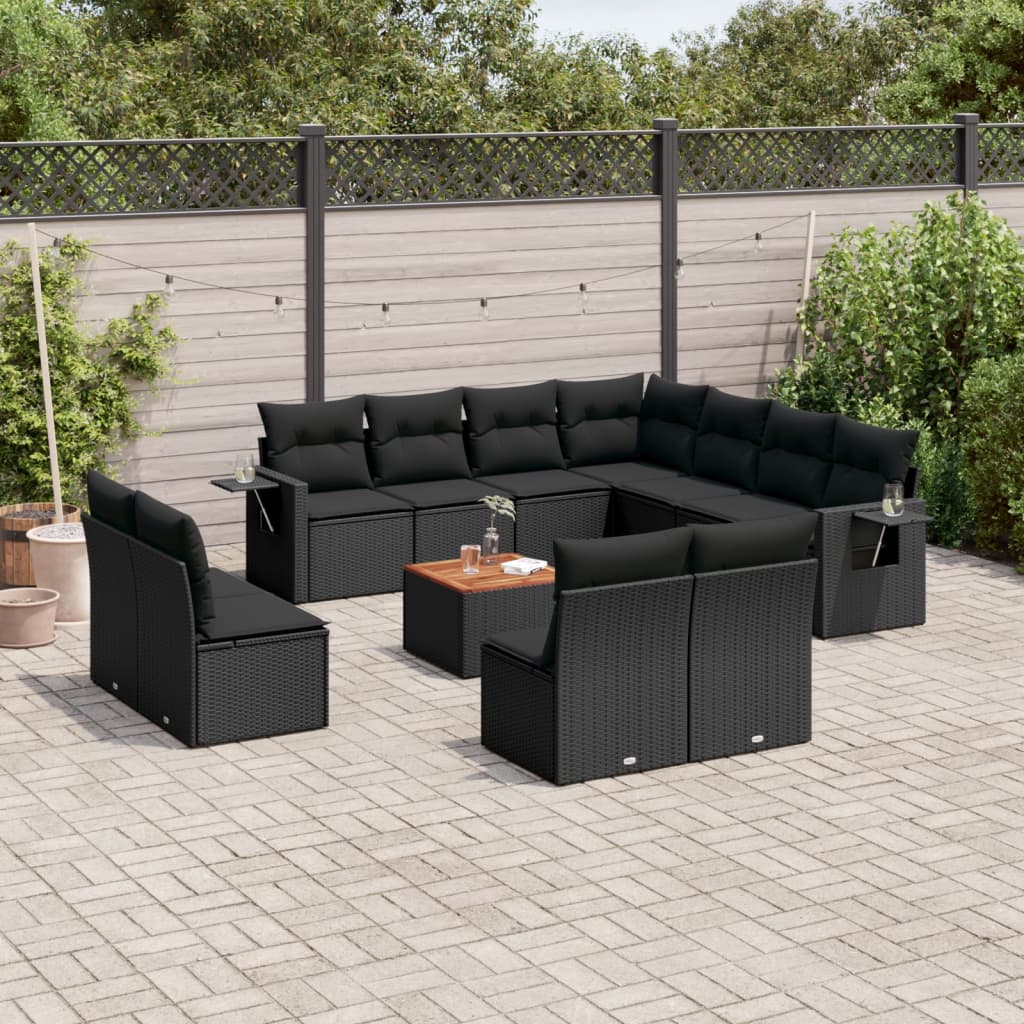 12 Pcs conjunto de sofás de jardim c/ almofadões vime PE preto