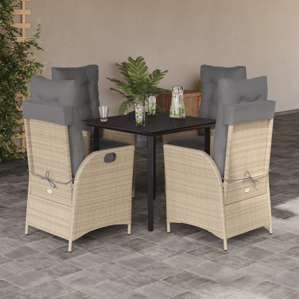 5 Pcs conjunto de jantar p/ jardim com almofadões vime PE bege