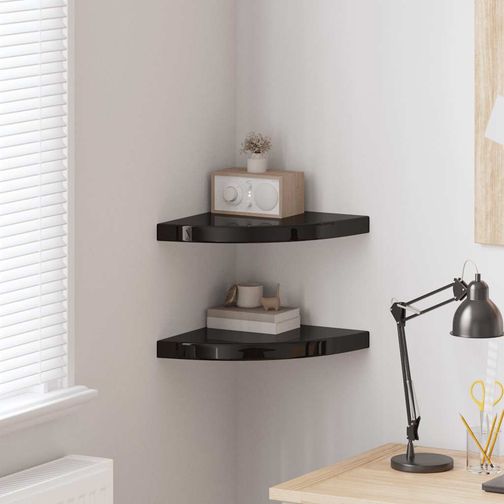 Prateleiras canto suspensas 2 pcs 35x35x3,8cm MDF preto brilh.