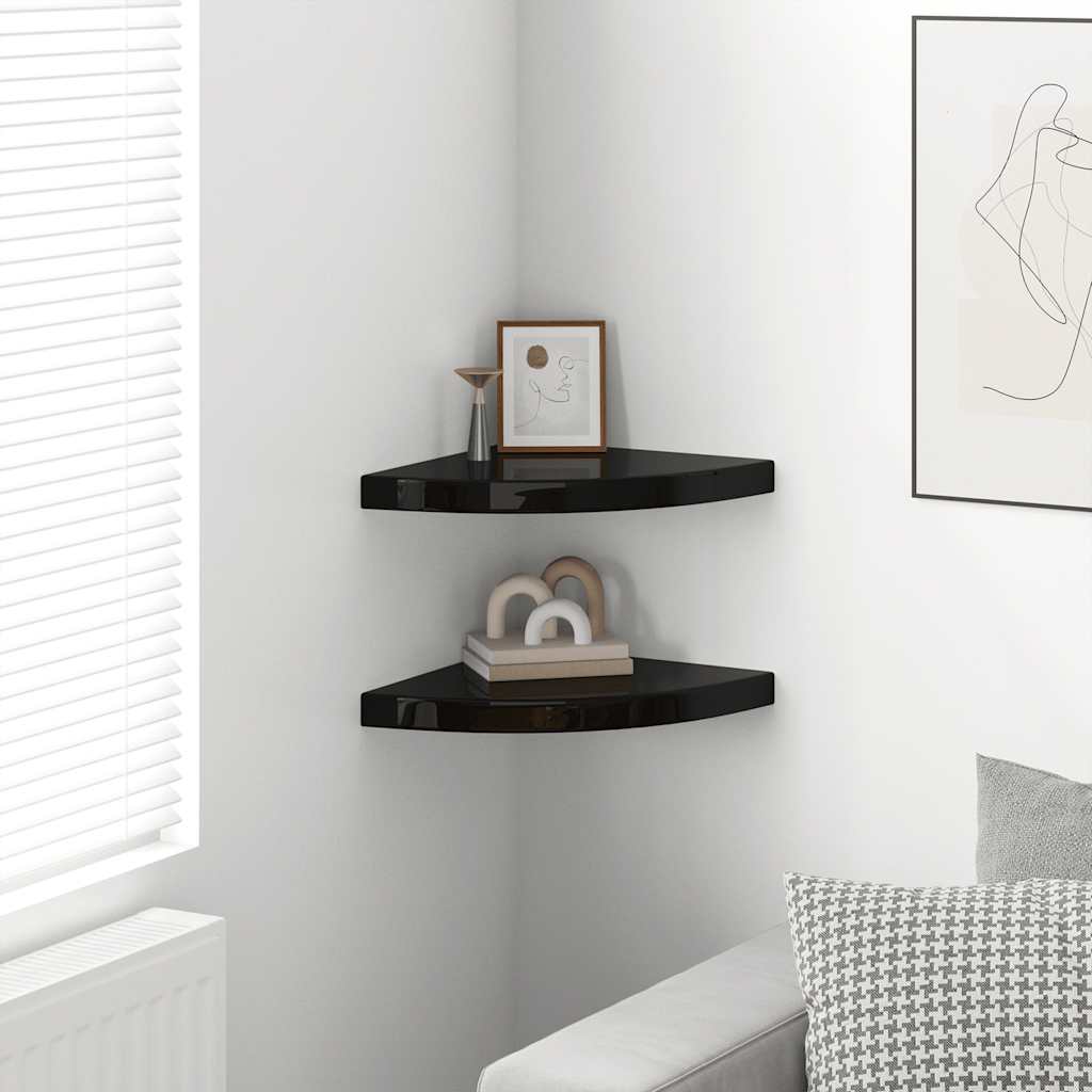Prateleiras canto suspensas 2 pcs 35x35x3,8cm MDF preto brilh.