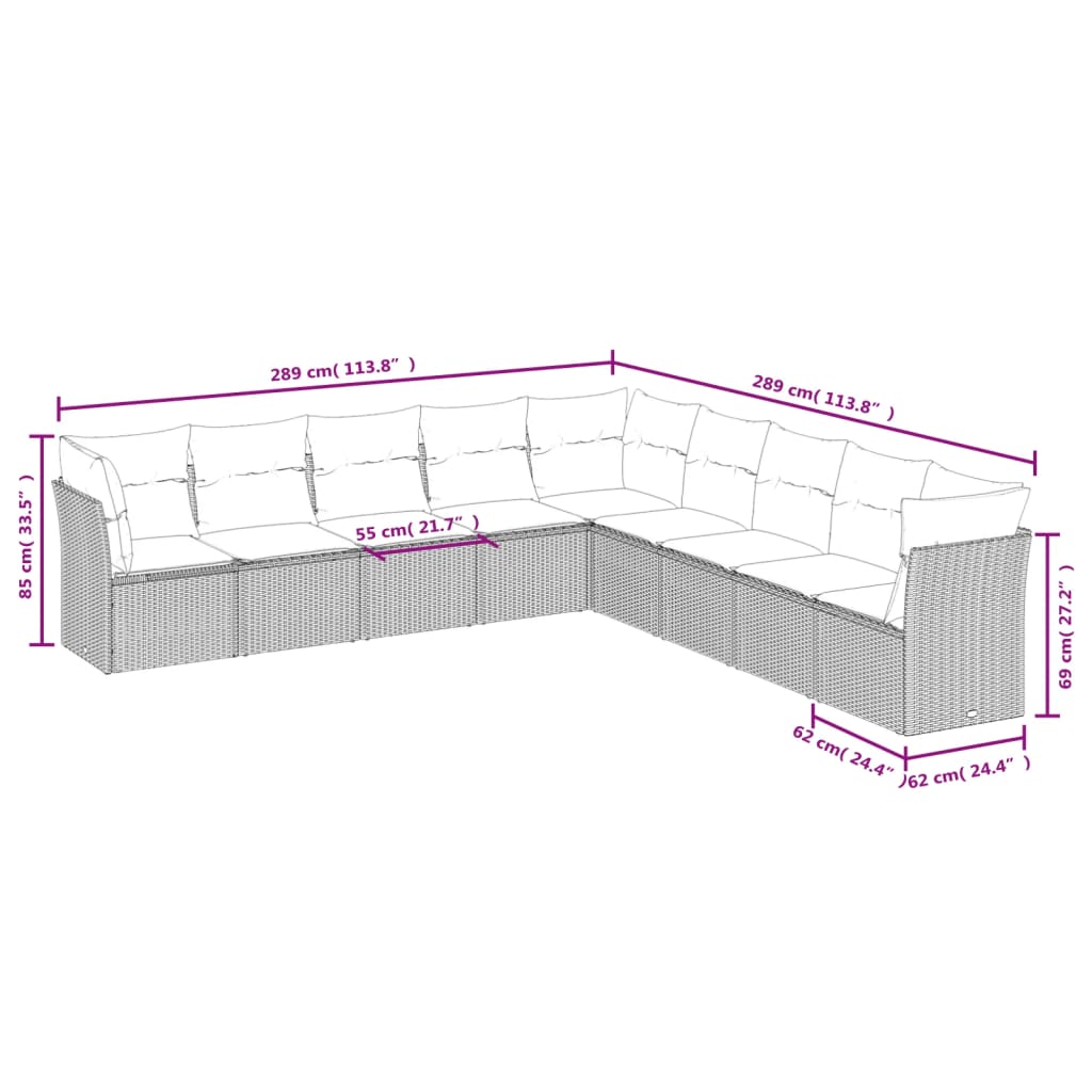 9 Pcs conj. sofás jardim com almofadões vime PE cinzento-claro