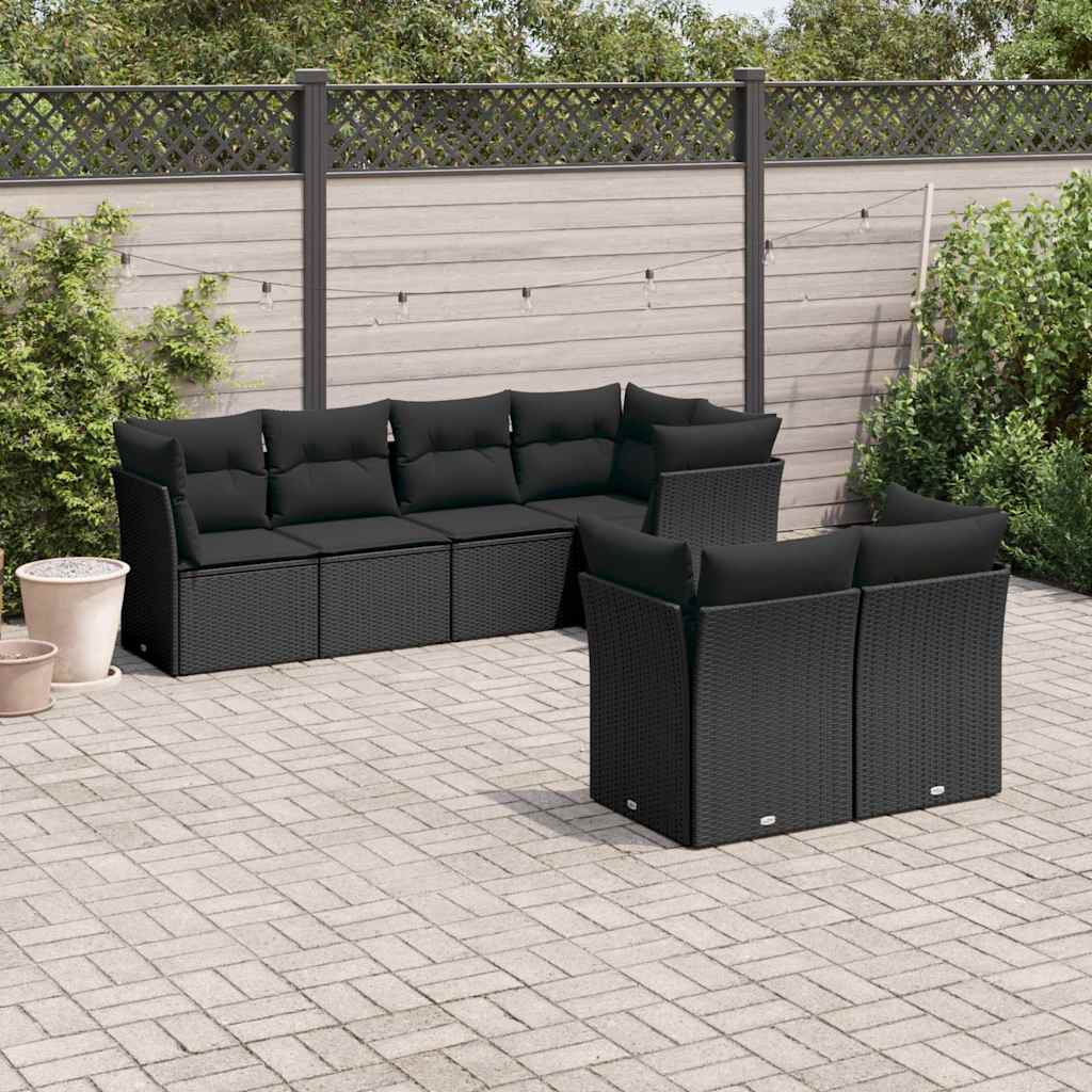 7 Pcs conjunto de sofás p/ jardim c/ almofadões vime PE preto