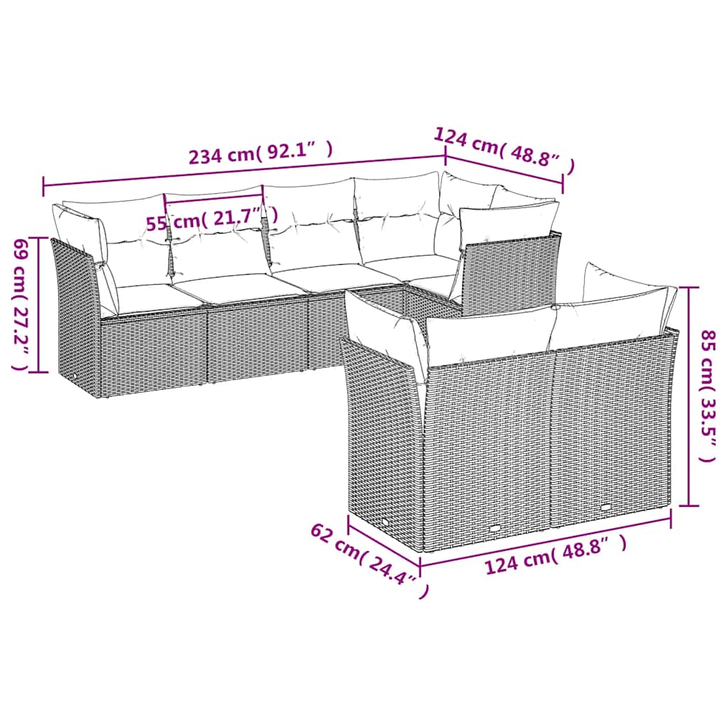 7 Pcs conjunto de sofás p/ jardim c/ almofadões vime PE preto