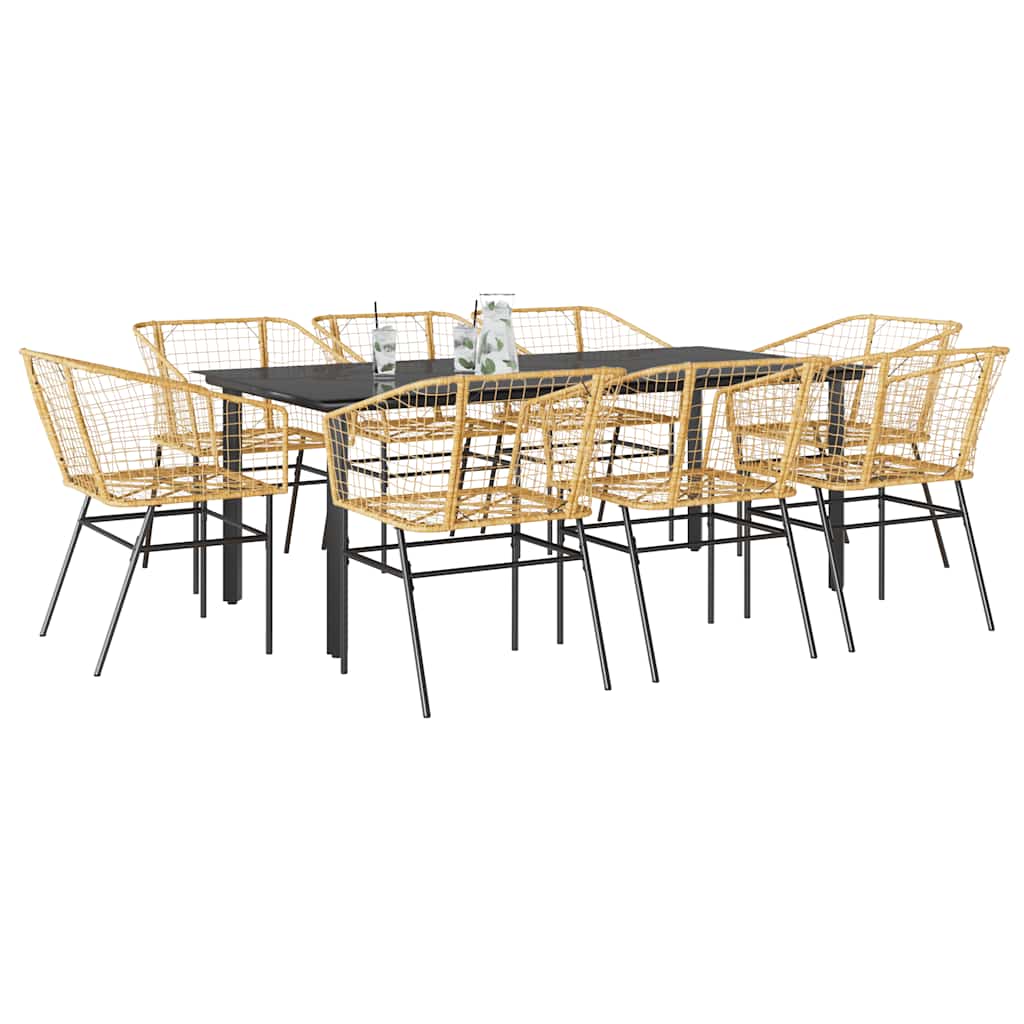 Conjunto jantar jardim 9 peças vidro vime PE castanho
