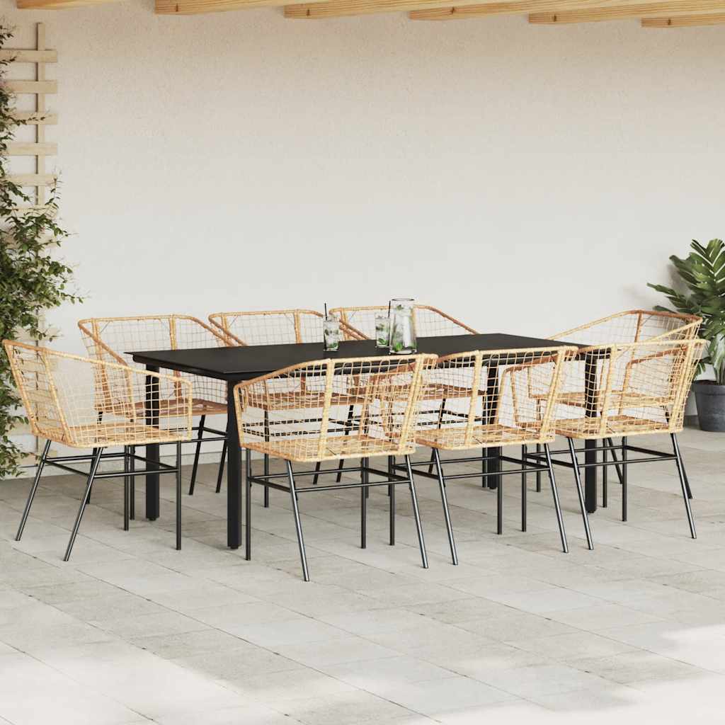 Conjunto jantar jardim 9 peças vidro vime PE castanho