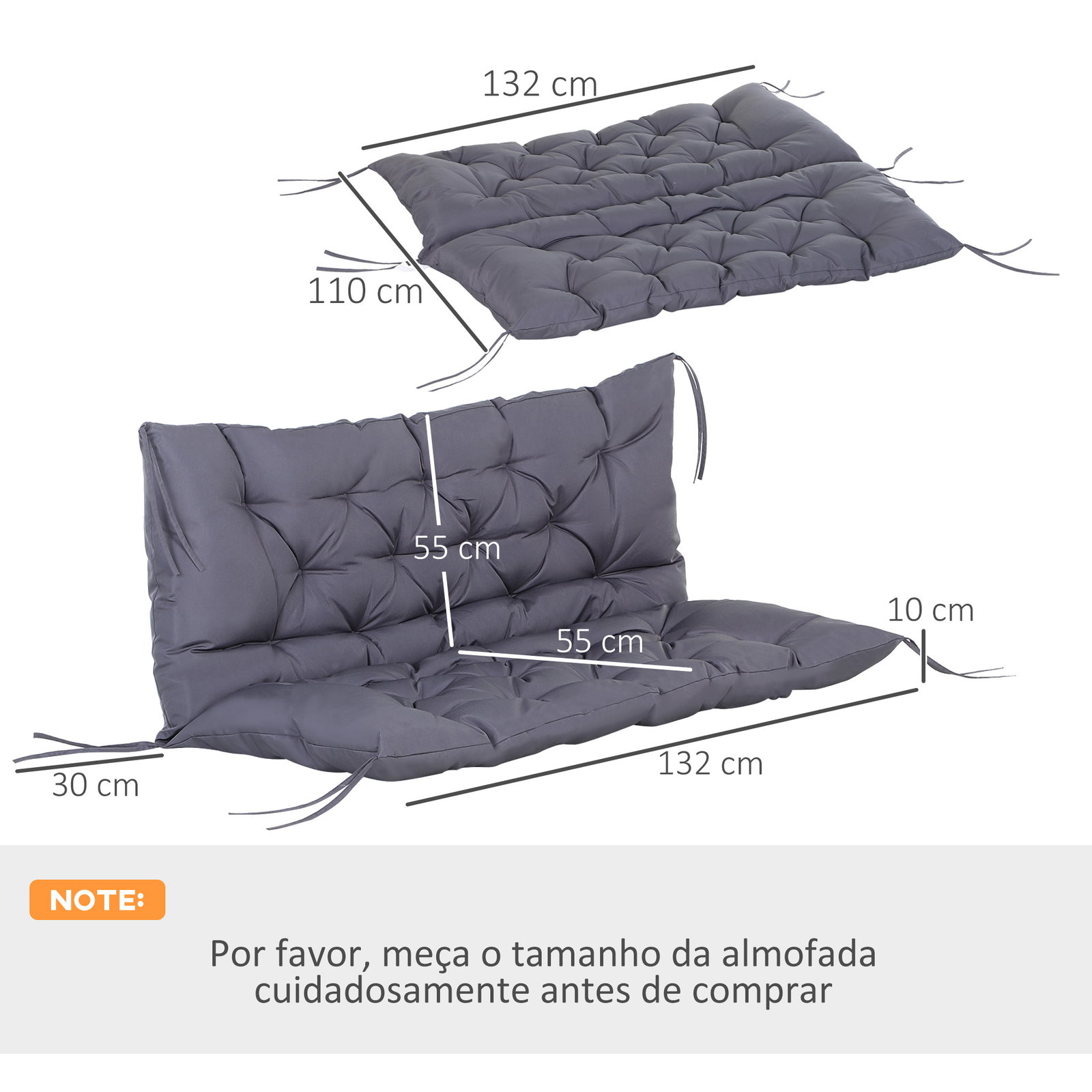 Almofada para banco com encosto 120x110x12cm almofada de banco de 2 lugares para jardim terraço balcão exterior cinza
