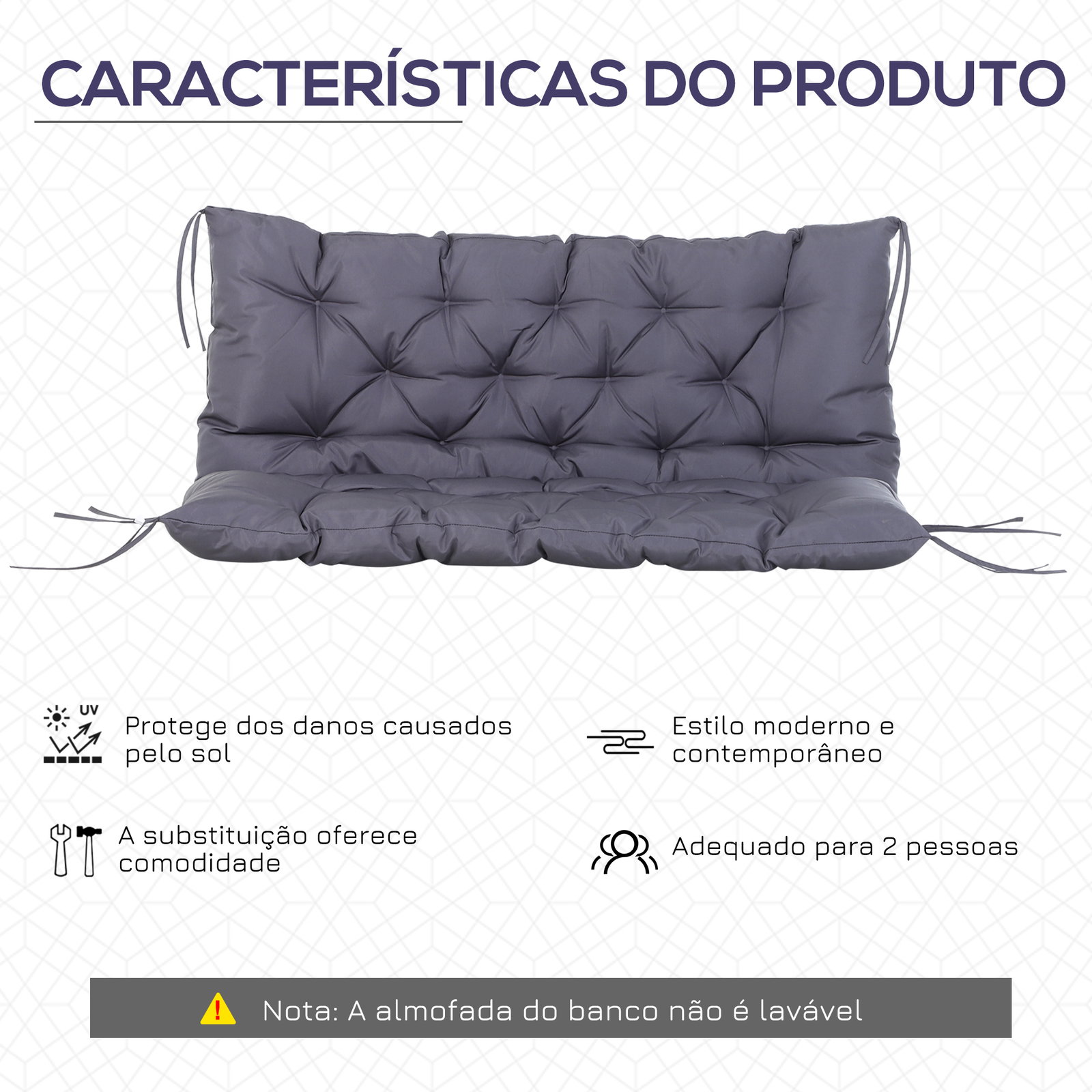 Almofada para banco com encosto 120x110x12cm almofada de banco de 2 lugares para jardim terraço balcão exterior cinza