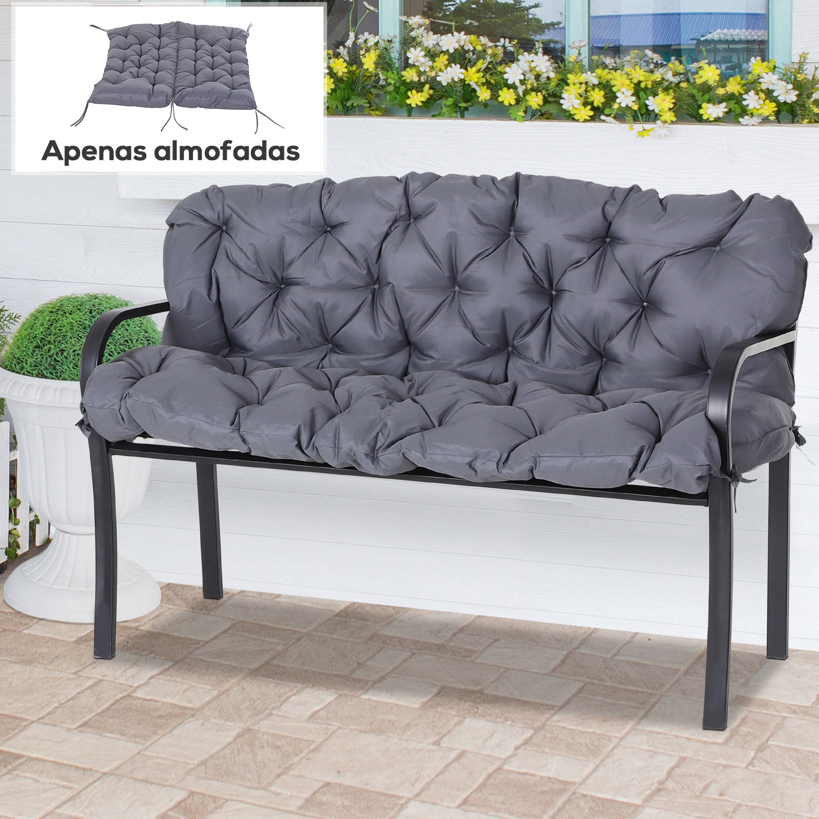 Almofada para banco com encosto 120x110x12cm almofada de banco de 2 lugares para jardim terraço balcão exterior cinza