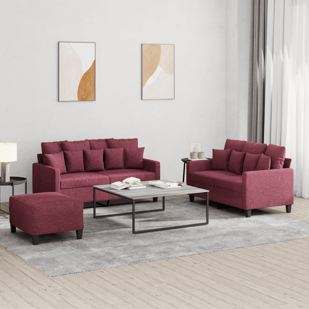 3 Pcs conjunto de sofás com almofadões tecido vermelho tinto