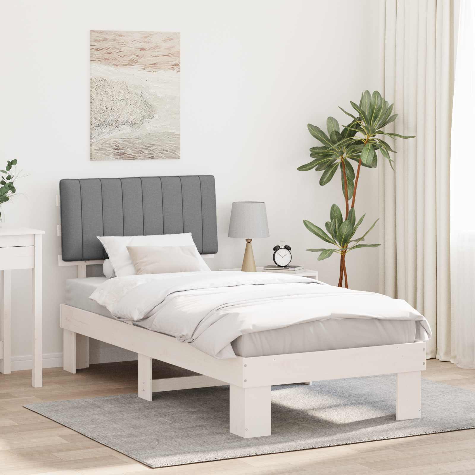 Estrutura de cama com cabeceira estofada cinzento-claro
