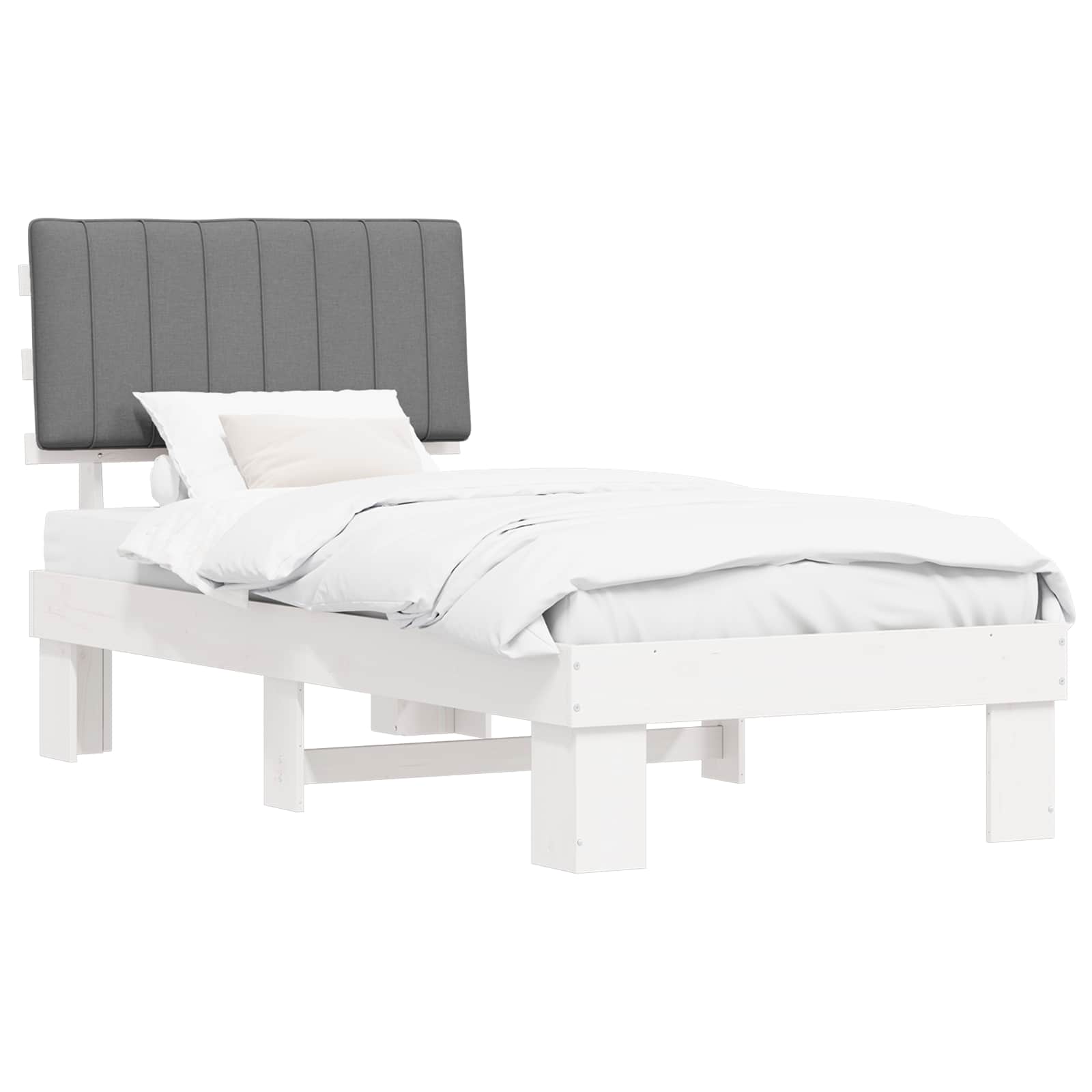 Estrutura de cama com cabeceira estofada cinzento-claro