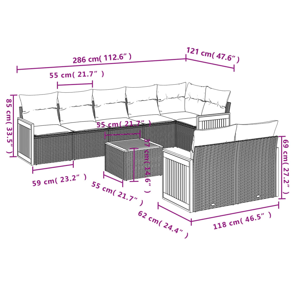 9 Pcs conjunto de sofás p/ jardim com almofadões vime PE bege