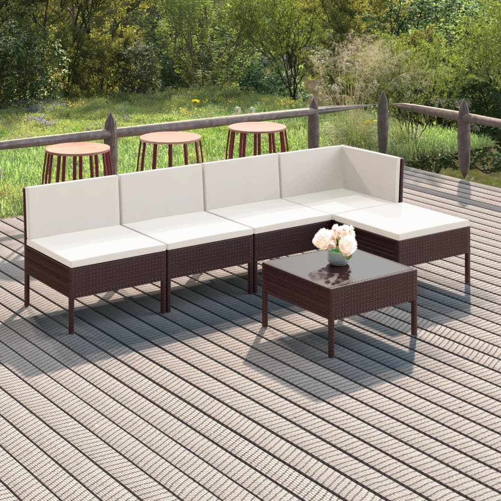 6 Pcs conjunto lounge jardim c/ almofadões vime PE castanho