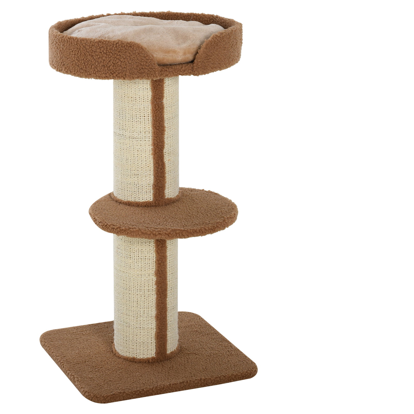 Arranhador para gatos altura 91 cm de 3 níveis com ninho plataforma e poste de sisal 45x45x91 cm marrom claro