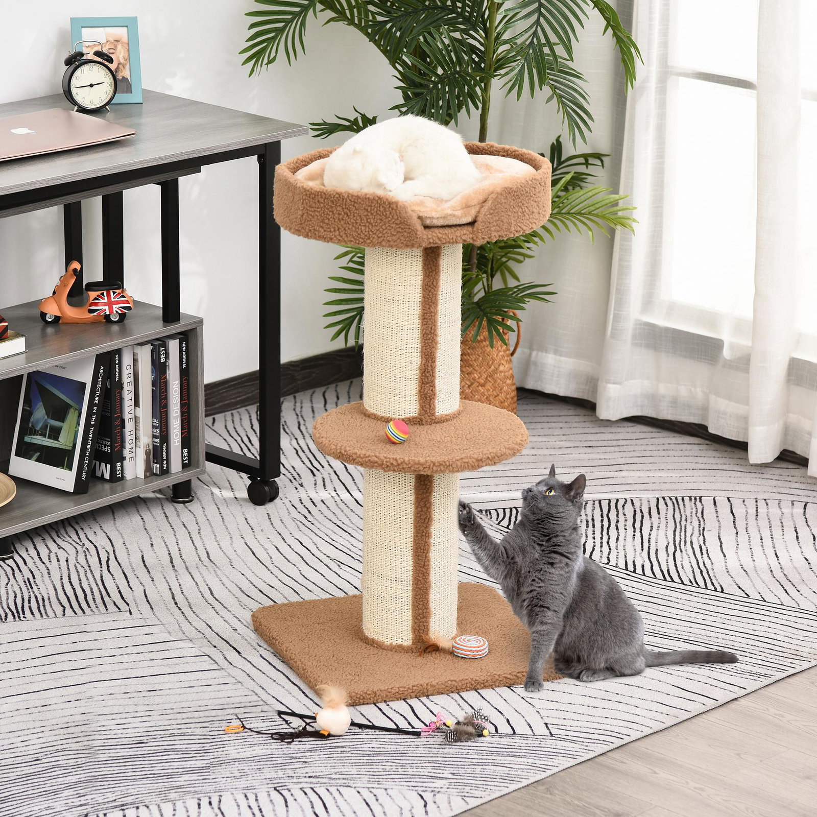 Arranhador para gatos altura 91 cm de 3 níveis com ninho plataforma e poste de sisal 45x45x91 cm marrom claro